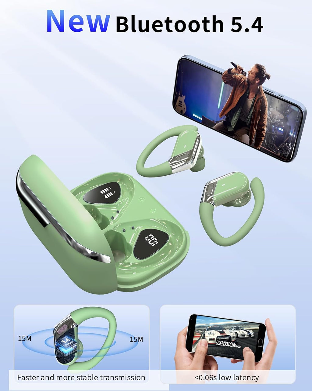 Bluetooth Headphones, 5.4 Sports Headphones, 50 Hours Wireless Earphones In Ear Noise Cancelling ENC and 4 HD Mic, IP7 Waterproof Earphones Without HiFi Stereo