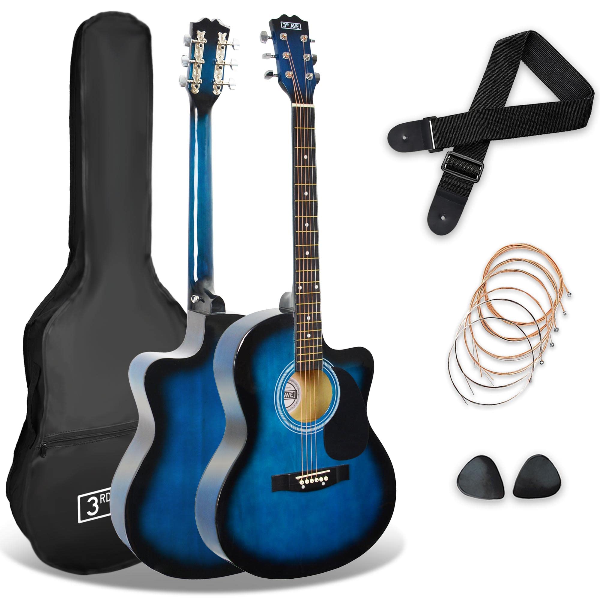 3rd Avenue Pack de guitarra acústica de tamaño estándar 4/4 con cuerdas de acero para principiantes de 3rd Avenue, funda de transporte, púas y cuerdas de repuesto, Azul