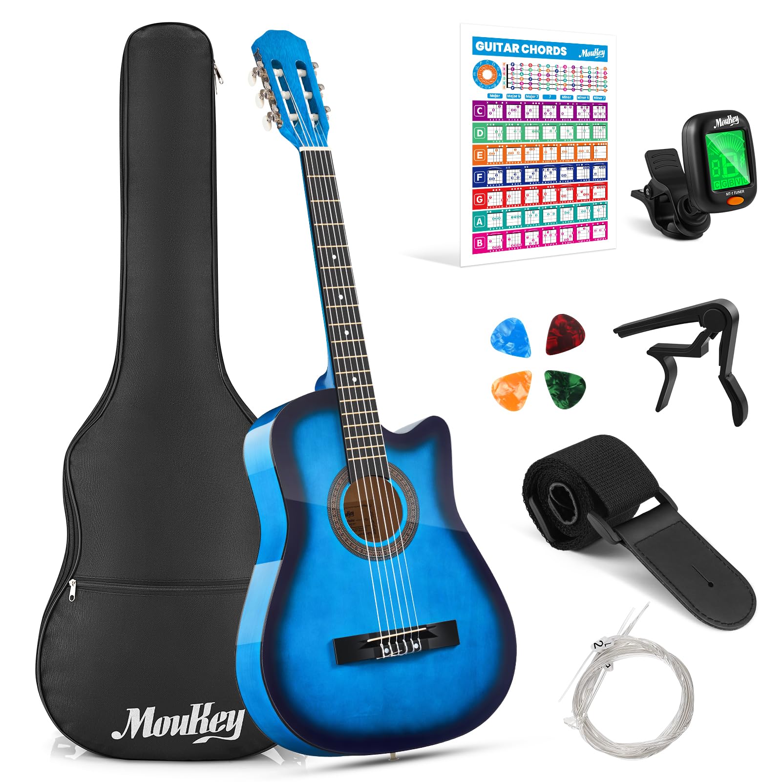 Moukey Acoustic Guitar Full Size Kits for Beginners Adults 4/4 de 41" Guitar Bundles com Chord Poster, Gig Bag, Tuner, Steel Strings, Strap, natural