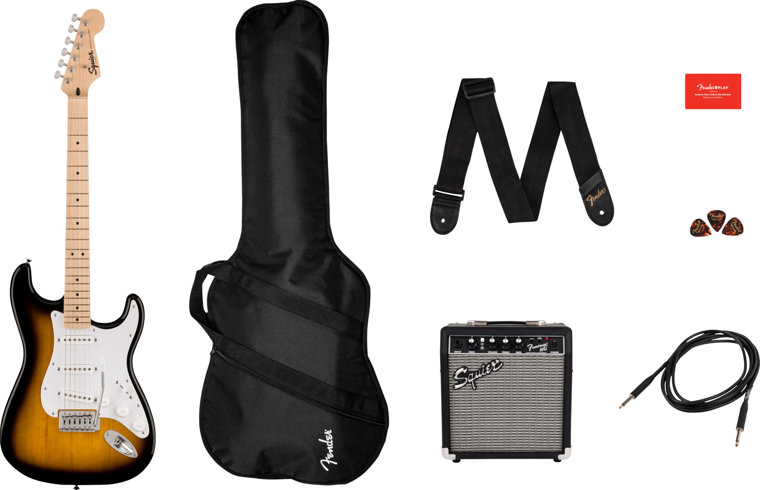 Squier by Fender Sonic Stratocaster Pack de Guitarra Eléctrica, Diapasón de Arce, Negro, Funda, Amplificador Squier Frontman 10G - 230V EU, Incluye cursos virtuales gratuitos en Fender Play