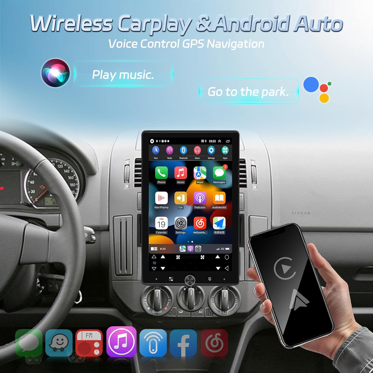 1 DIN Radio with Wireless Carplay & Android Auto Screen – 10.4 Inch Rotatable Car Radio Touch Screen with Mirror Link, FM Radio, USB/AUX/SD Input + Reverse Camera