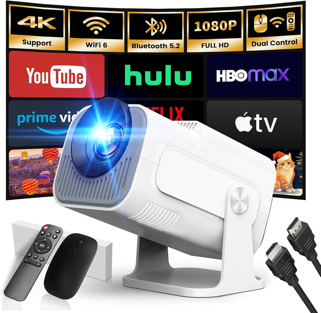 [App integrado] 2025 atualizado projetor portátil 1920 x 1080P 4K supote videoprojetor duplo controlo TV WiFi 6 BT5.2 180° rotação HDMI/TV Stick/USB/PS5/Laptop, com cabo HDMI e rato Black Banco