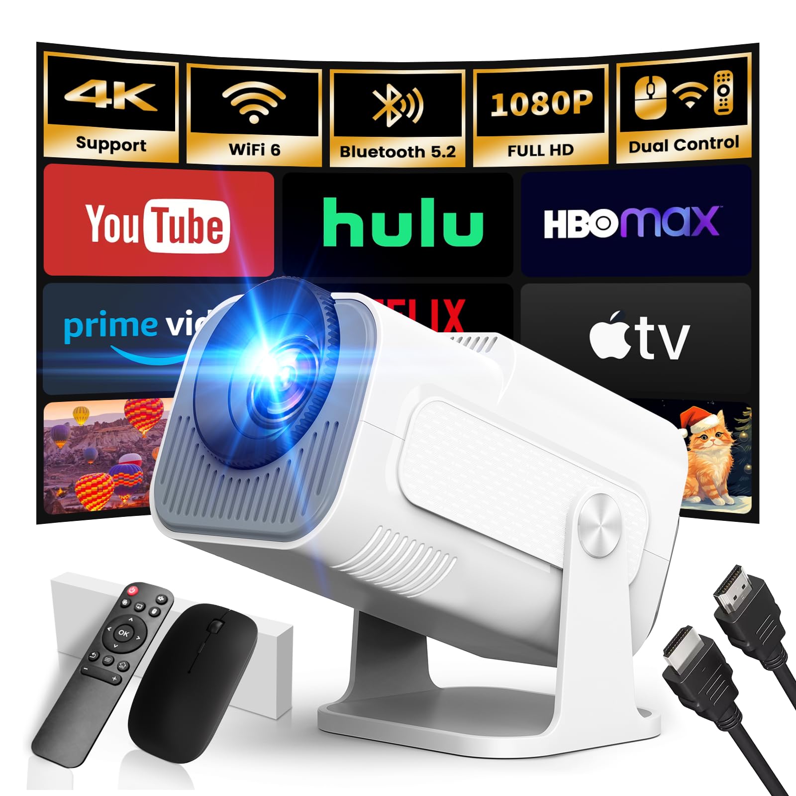 [App integrado] 2025 atualizado projetor portátil 1920 x 1080P 4K supote videoprojetor duplo controlo TV WiFi 6 BT5.2 180° rotação HDMI/TV Stick/USB/PS5/Laptop, com cabo HDMI e rato Black Banco
