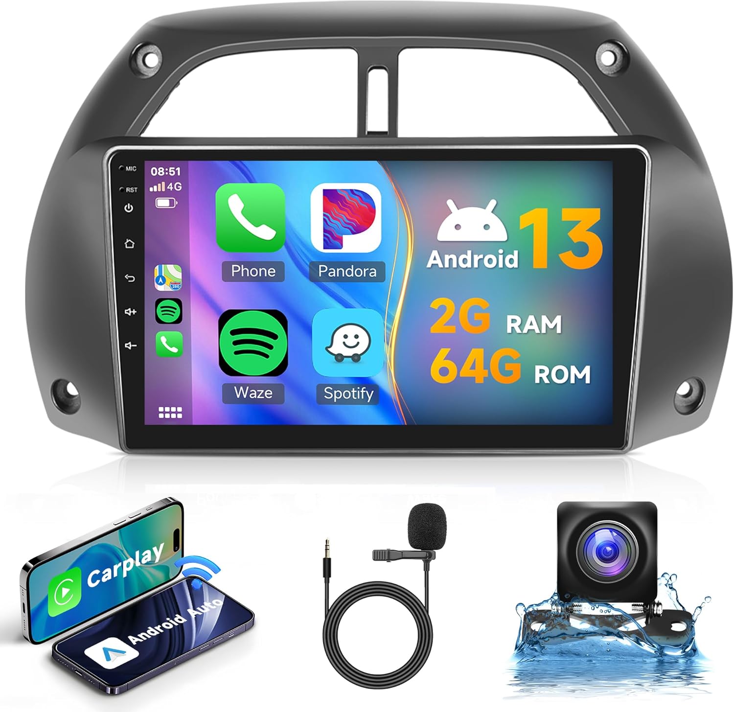 6G+128G 8 Core Wireless Carplay Android Car Radio for Toyota RAV4 2001-2006 9 Inch Screen Car Radio with Android Auto Navi GPS WiFi Mirror Link Bluetooth FM/RDS/DSP/SWC Rear Camera