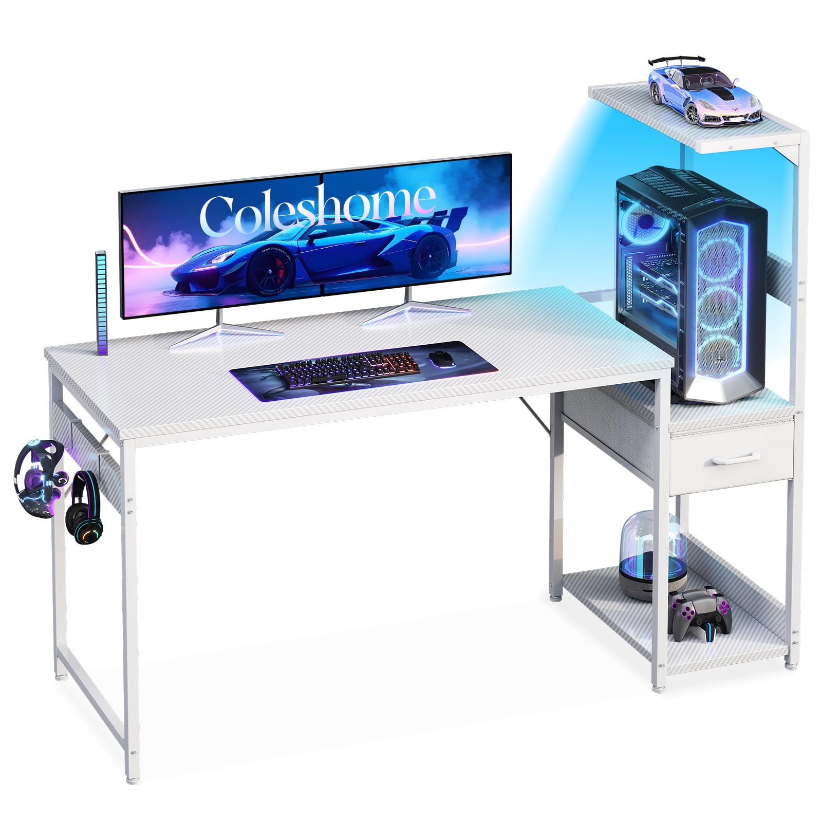 Escritorio para juegos Coleshome con iluminación LED, 120 x 48 cm, cajones y soporte, reversible, con gancho para casco, fibra de carbono negra 