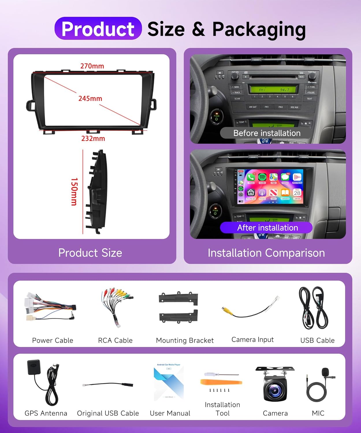 2G+64G Wireless Carplay Android Car Radio for Toyota Prius 3 XW30 2009-2015 9 Inch Car Radio 2 DIN with Android Auto GPS Navi WiFi Mirror Link Bluetooth FM/RDS EQ/USB/SWC Rear Camera