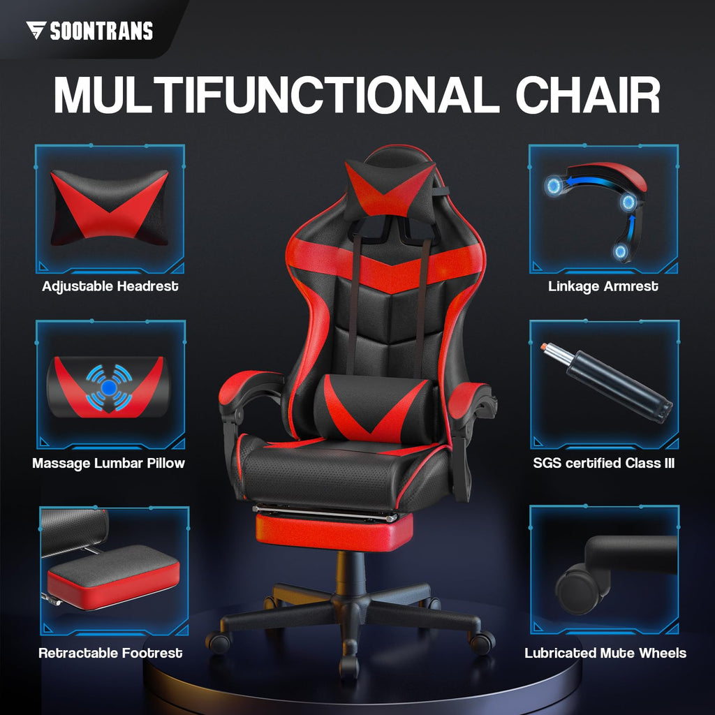 Silla gamer Soontrans con masajeador, reposapiés y reposacabezas, ergonómica, cojín de masaje lumbar, transmisión en vivo de YouTube y PlayStation (azul) 