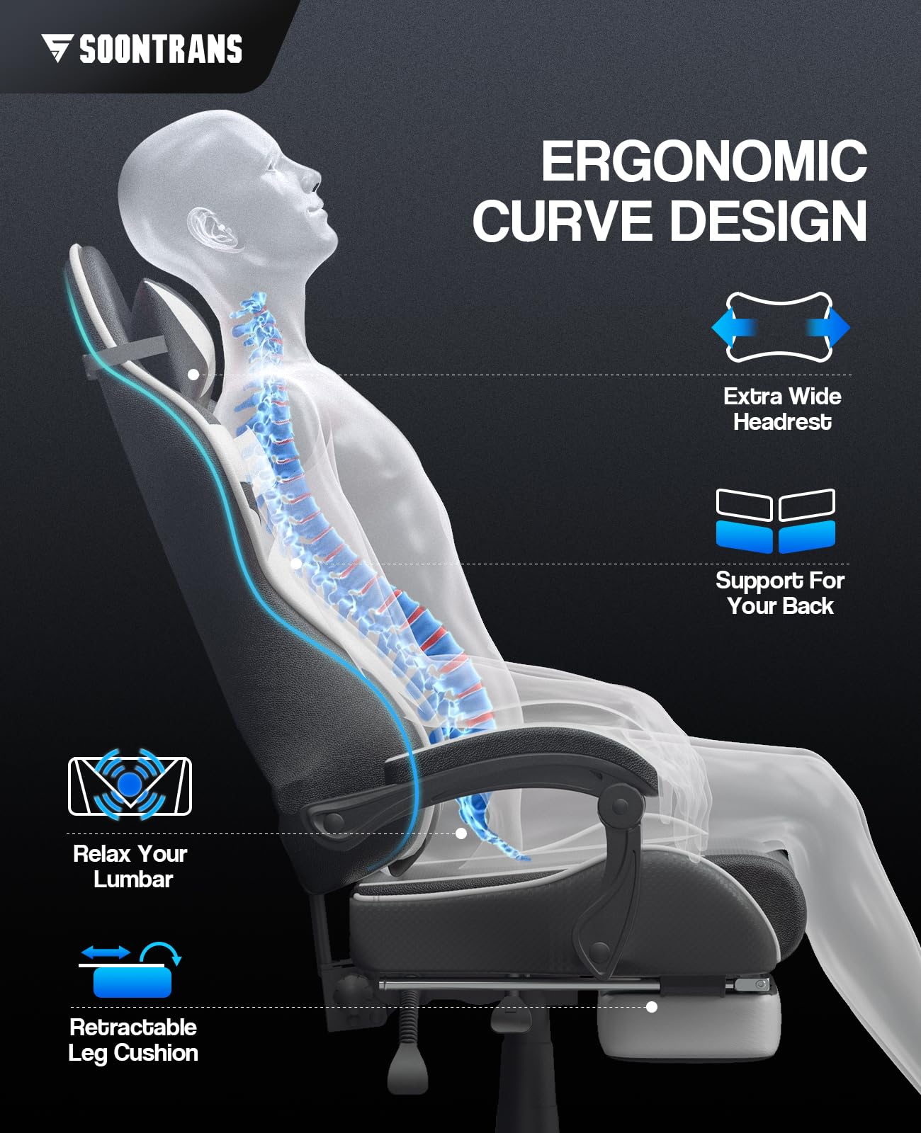 Silla gamer Soontrans con masajeador, reposapiés y reposacabezas, ergonómica, cojín de masaje lumbar, transmisión en vivo de YouTube y PlayStation (azul) 