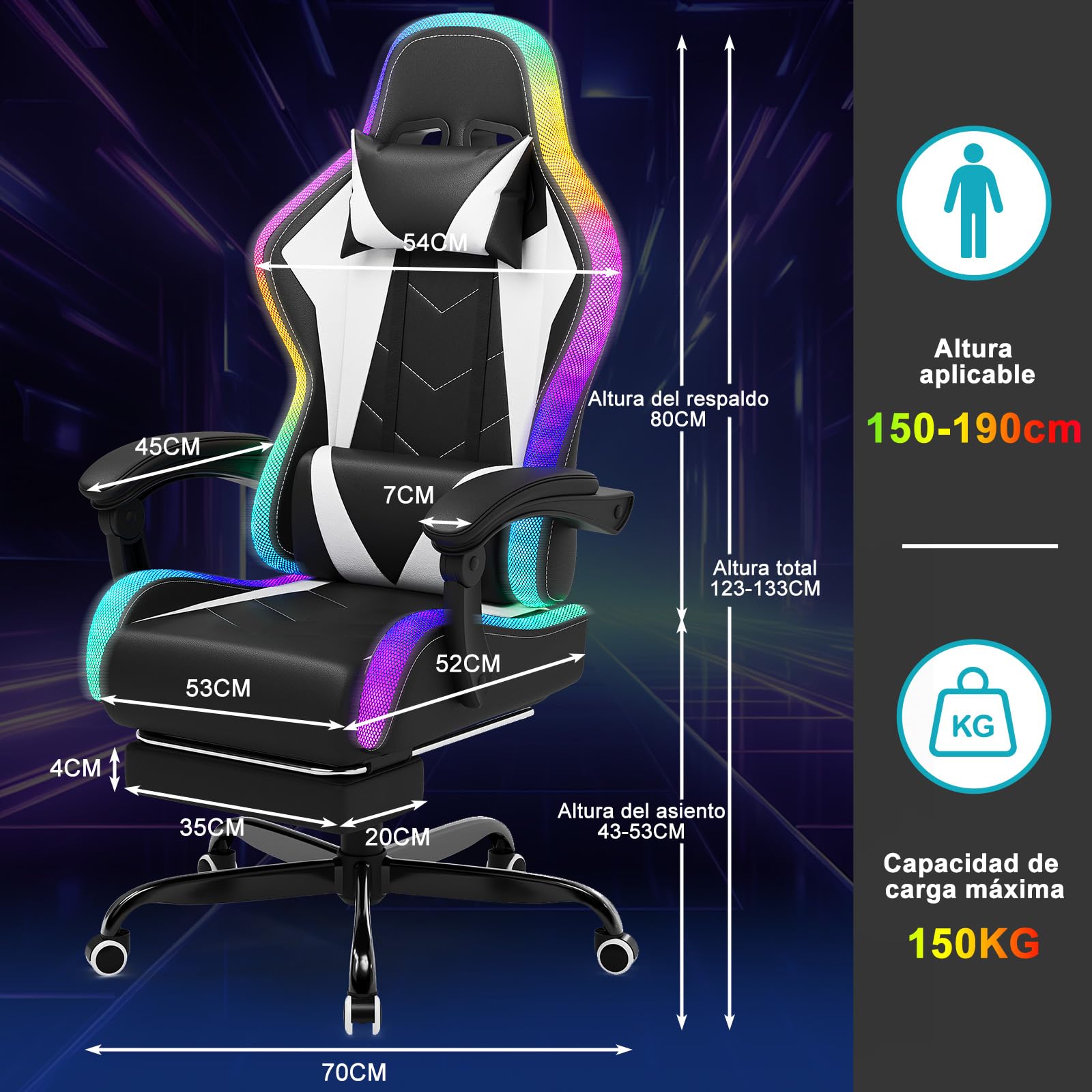 Silla gaming Devoko con masajeador y LED, silla ergonómica de oficina con reposapiés, sillas gaming para oficina y gaming con iluminación RGB (blanca) 