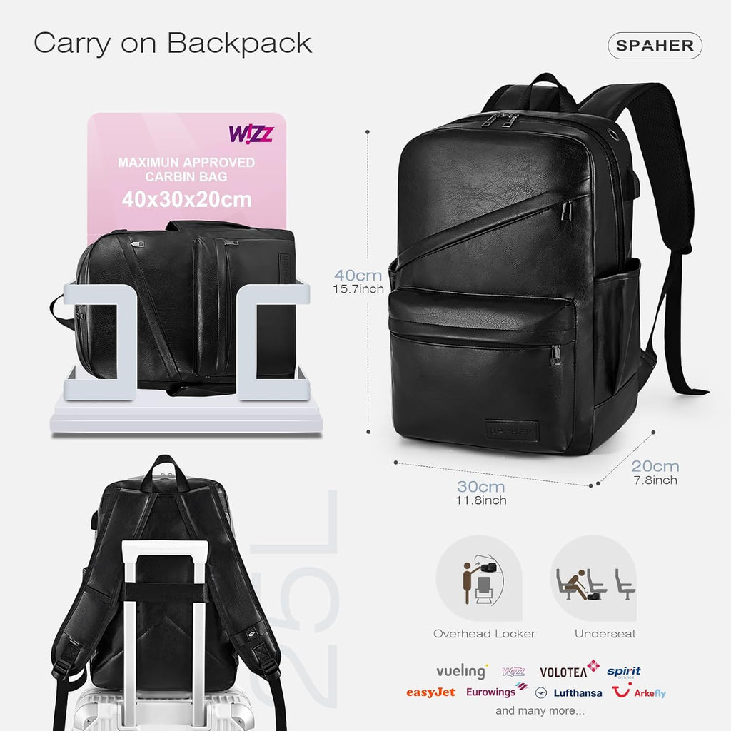 SPAHER Mochila de couro viagem cabine avião 40 x 30 x 20 Wizzair bagagem de mão mochila portátil 15,6 polegadas impermeável com porta de carregamento USB para trabalho escolar homens mulheres 25 L