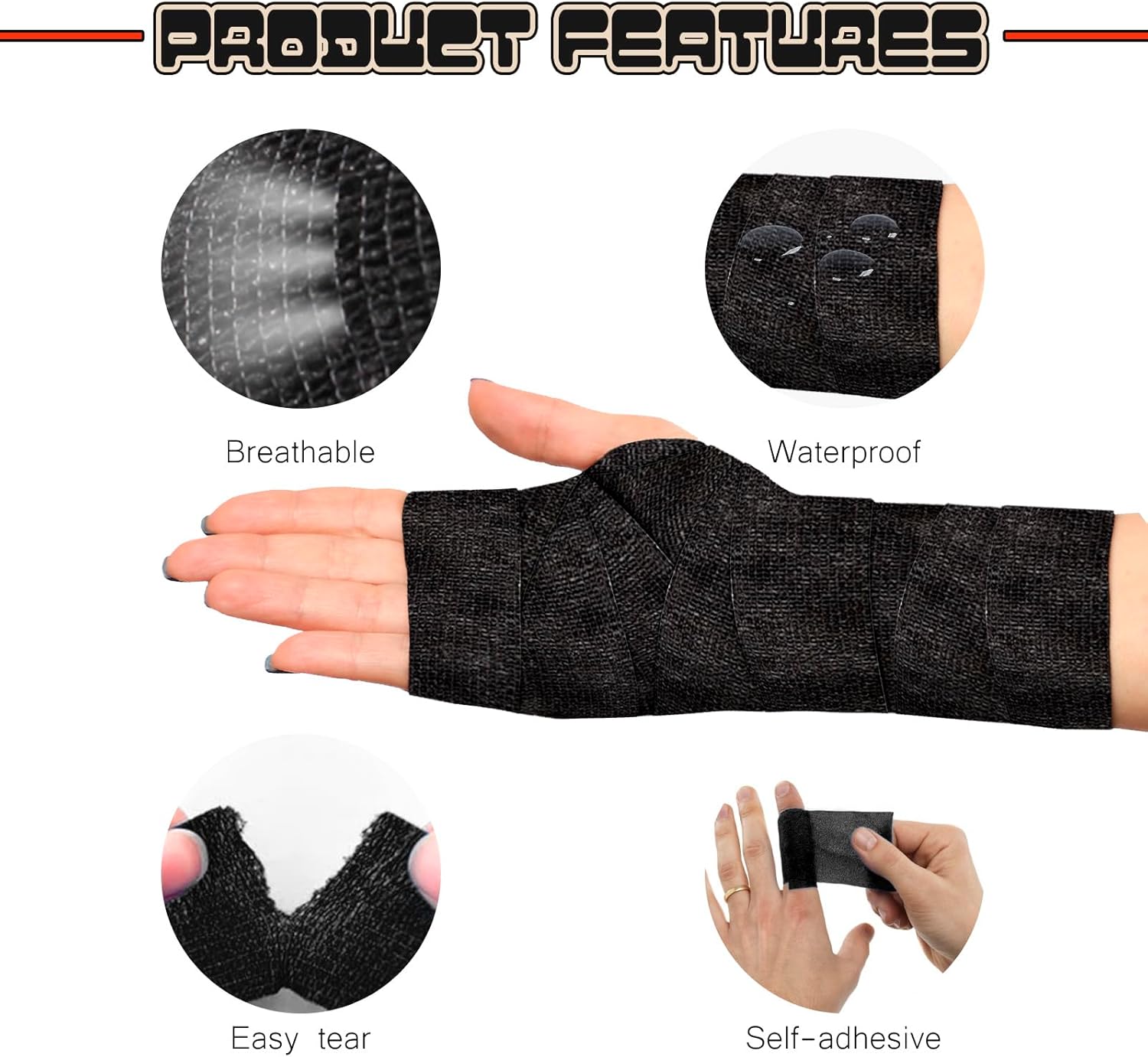 ROELLY 24 Rolls of Crossfit Tape, Sports Tape, 5 cm x 4.5 m, Cohesive Bandage, First Aid Bandages for Wrists, Ankles, Can Be Used for People or Small Animals, Black