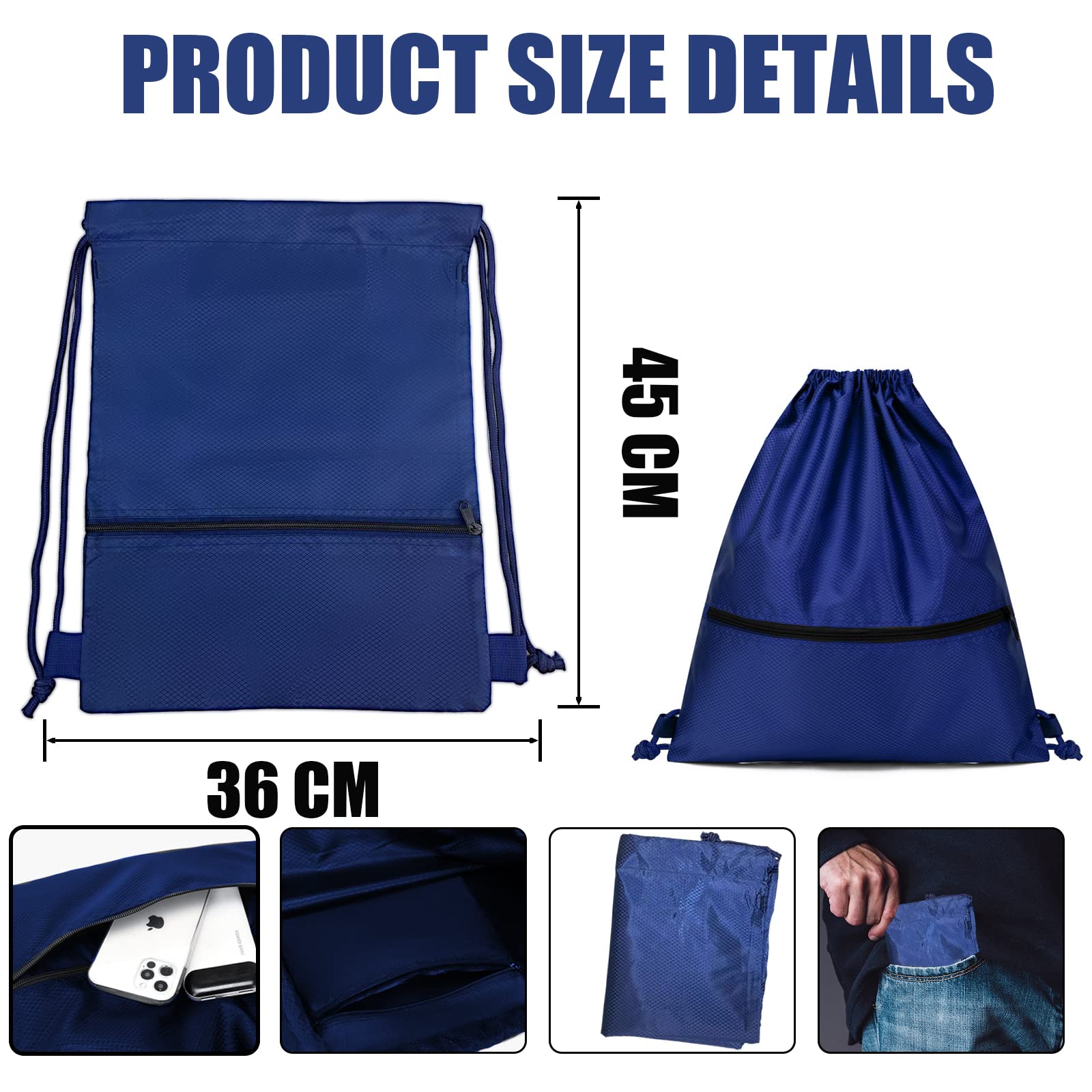 Jsdoin Waterproof Drawstring Bag for Gym, Sports Drawstring Backpack, Sports Bag, Zipper, School, Beach, Holiday, Swimming, Travel