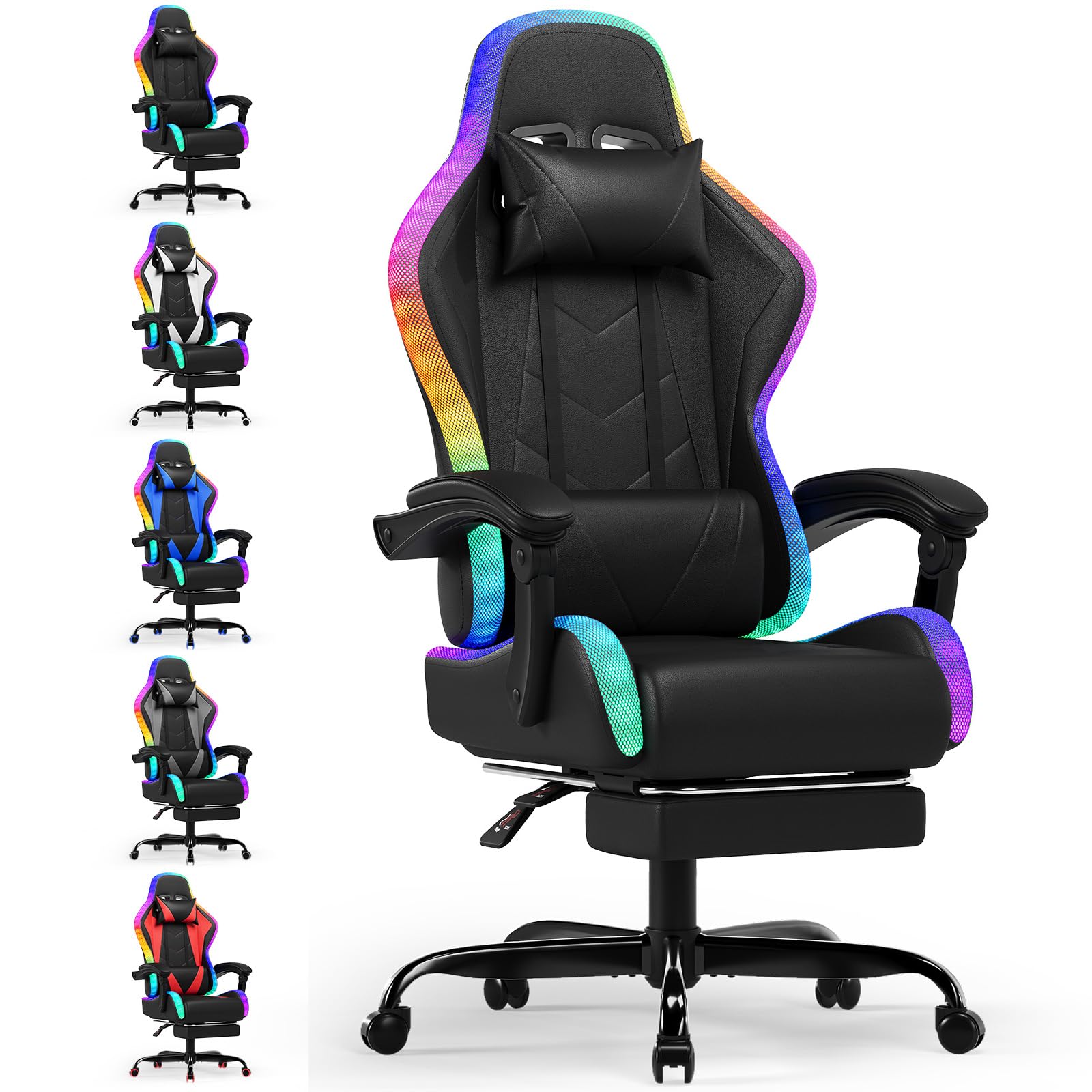 Silla gaming Devoko con masajeador y LED, silla ergonómica de oficina con reposapiés, sillas gaming para oficina y gaming con iluminación RGB (blanca) 