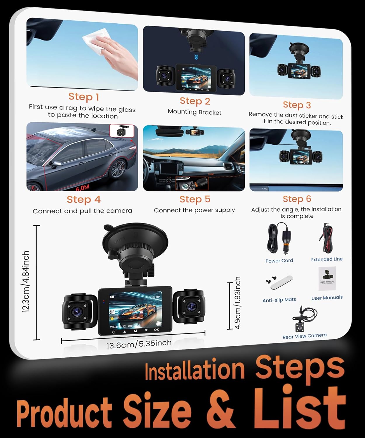 1080P Car Dashcam 4 Channel 360°, 4 Front and Rear Left Right, 2.4 Inch 1080P Dash Cam with 64GB Card Night Vision IR/Loop Video/24H Monitor/G-Sensor Parking