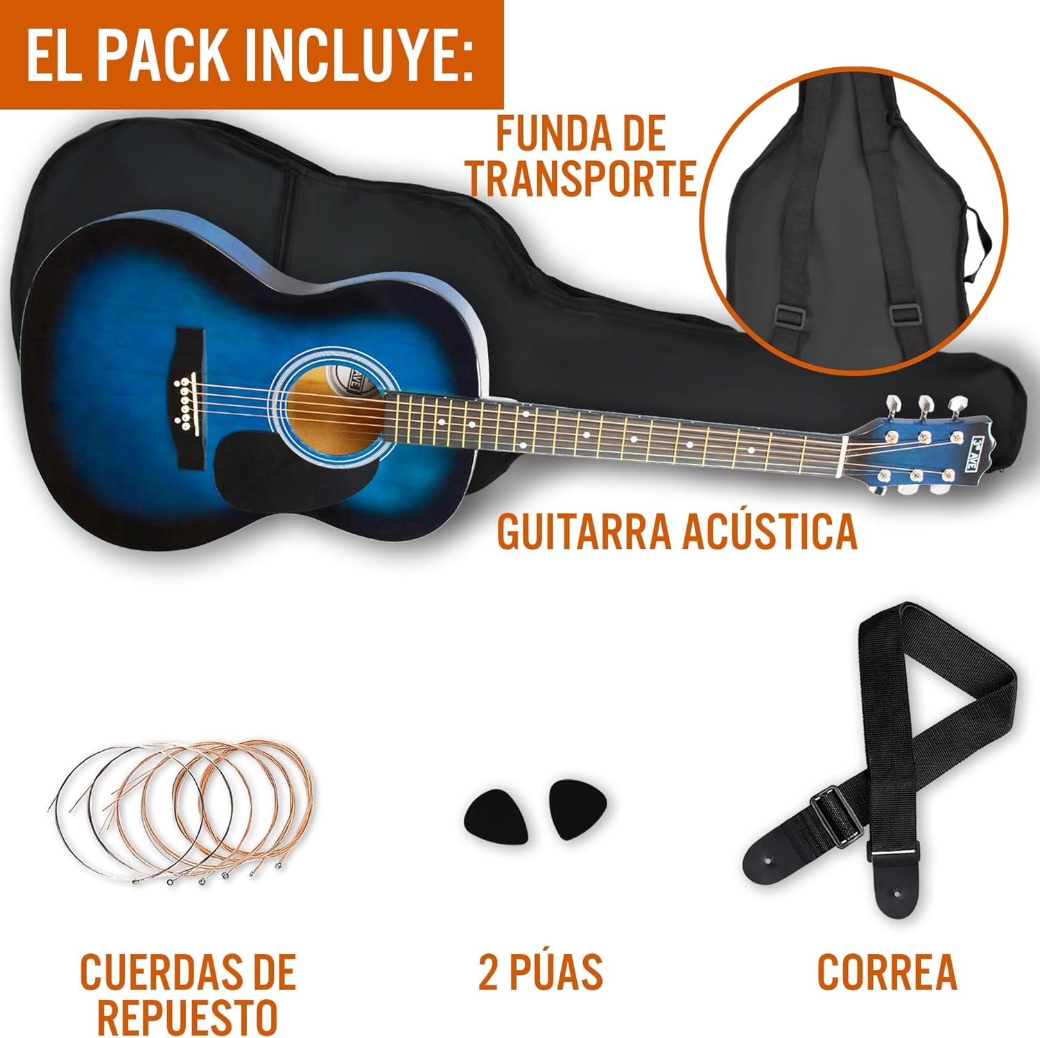 3rd Avenue Pack de guitarra acústica de tamaño estándar 4/4 con cuerdas de acero para principiantes de 3rd Avenue, funda de transporte, púas y cuerdas de repuesto, Azul