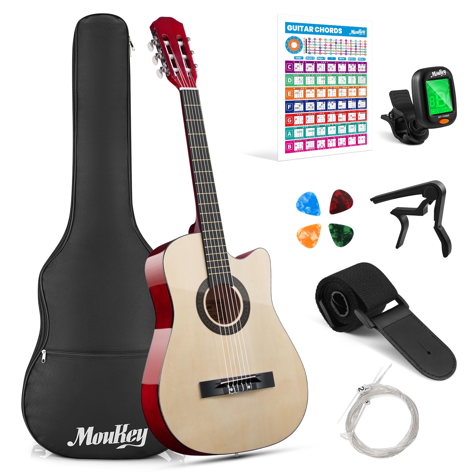 Moukey Acoustic Guitar Full Size Kits for Beginners Adults 4/4 de 41" Guitar Bundles com Chord Poster, Gig Bag, Tuner, Steel Strings, Strap, natural