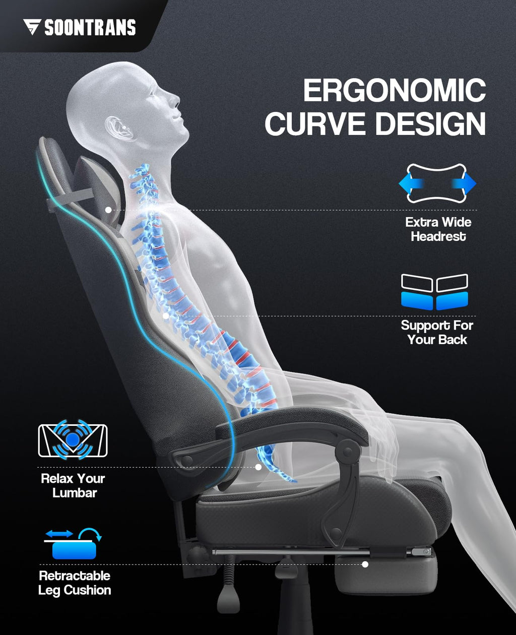 Silla gamer Soontrans con masajeador, reposapiés y reposacabezas, ergonómica, cojín de masaje lumbar, transmisión en vivo de YouTube y PlayStation (azul) 