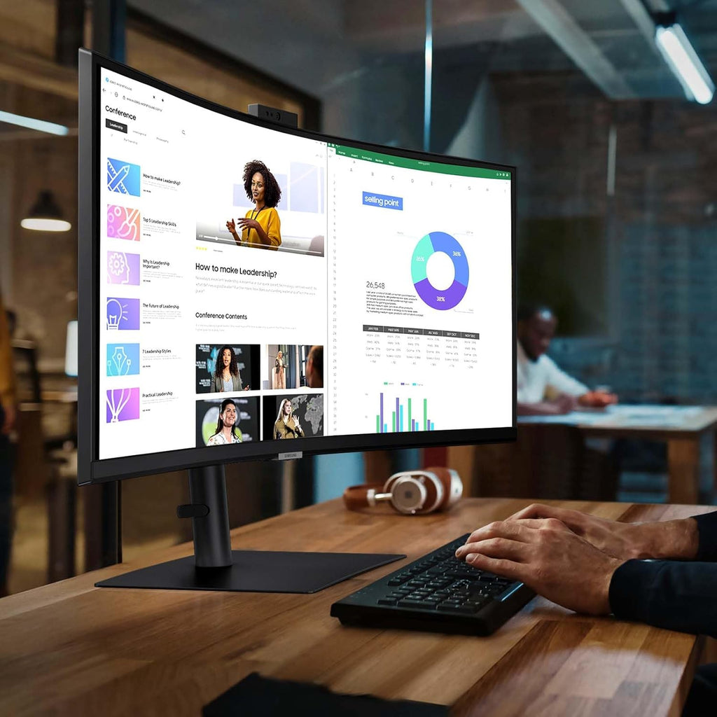 Samsung 34-Inch ViewFinity S65VC Series Ultra-WQHD Curved Computer Monitor, 100Hz, AMD FreeSync, HDR10, USB-C, Built-in Speaker, Camera, KVM Switch, Eye Care, Eco-Packaging, LS34C650VANXGO, Black