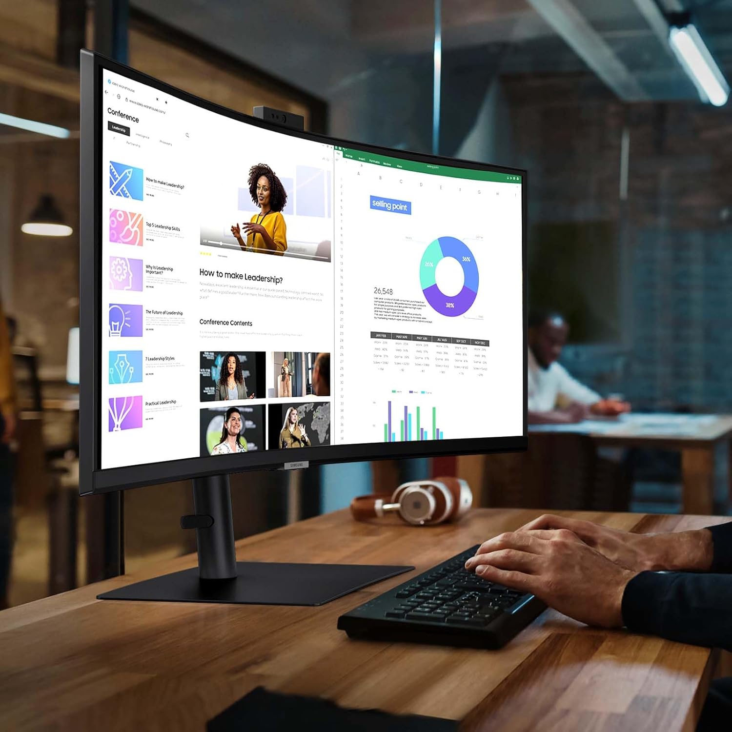 Samsung 34-Inch ViewFinity S65VC Series Ultra-WQHD Curved Computer Monitor, 100Hz, AMD FreeSync, HDR10, USB-C, Built-in Speaker, Camera, KVM Switch, Eye Care, Eco-Packaging, LS34C650VANXGO, Black