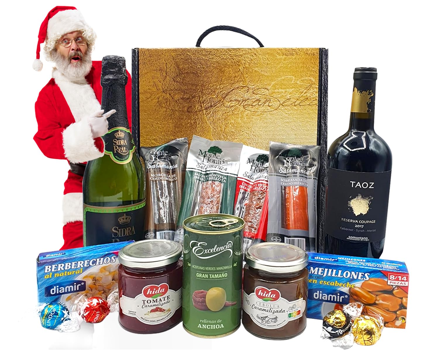 Cesto Gourmet para oferecer M | Perfeita como presente cesta de Natal para empresas, presunto ibérico de isca vinho tempranillo creme de morcela e creme de sobretudo par par PX pack polvones e balões