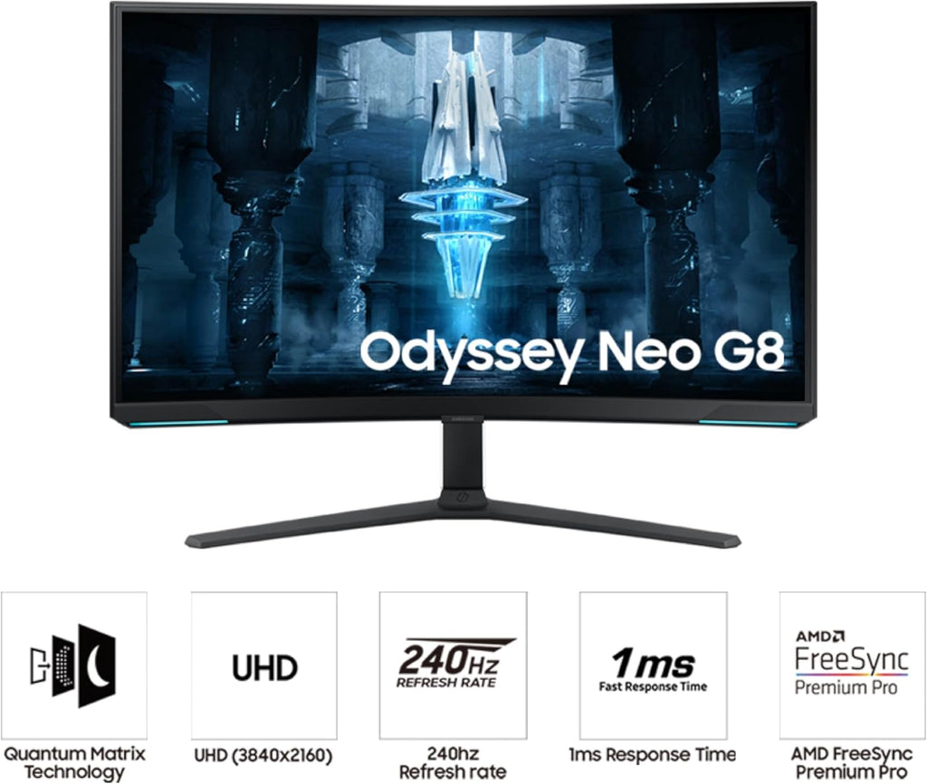 Samsung 32" Odyssey Neo G8 (G85NB) 4K UHD 240Hz 1ms G-Sync 1000R Curved Gaming Monitor, Quantum HDR2000, AMD FreeSync Premium Pro, Matte Display, DisplayPort, Black & White, LS32BG852NNXGO
