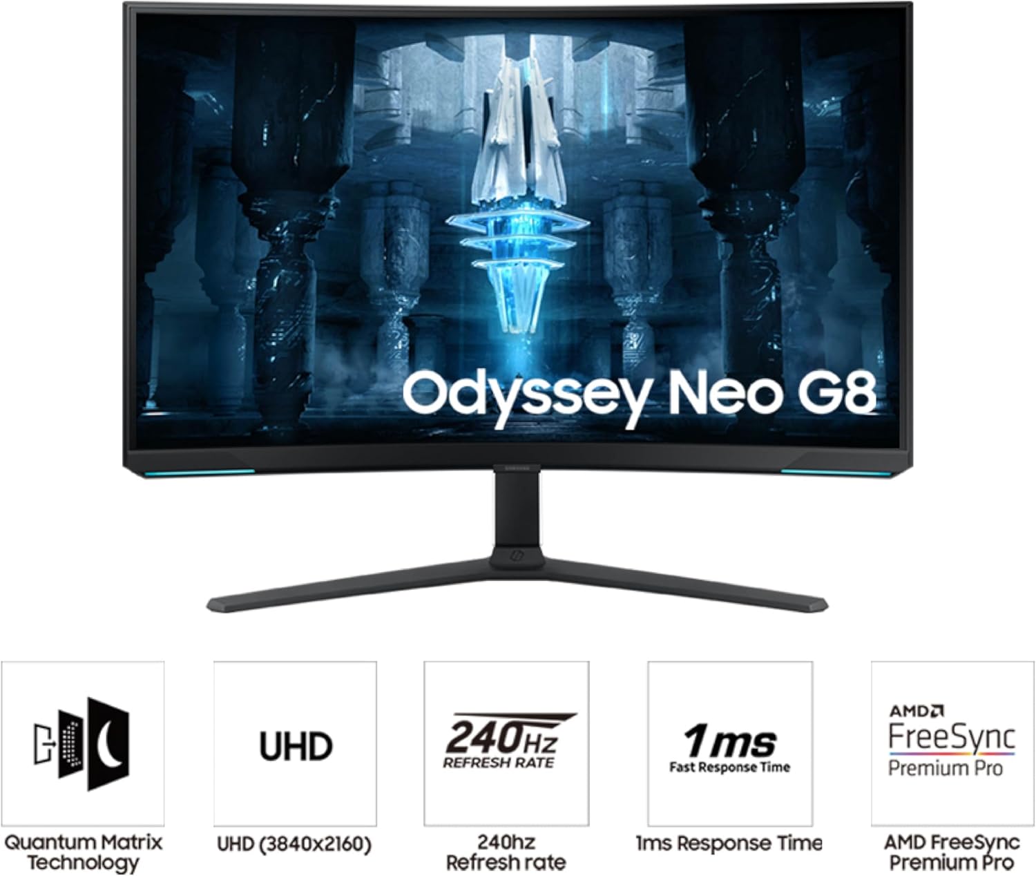 Samsung 32" Odyssey Neo G8 (G85NB) 4K UHD 240Hz 1ms G-Sync 1000R Curved Gaming Monitor, Quantum HDR2000, AMD FreeSync Premium Pro, Matte Display, DisplayPort, Black & White, LS32BG852NNXGO