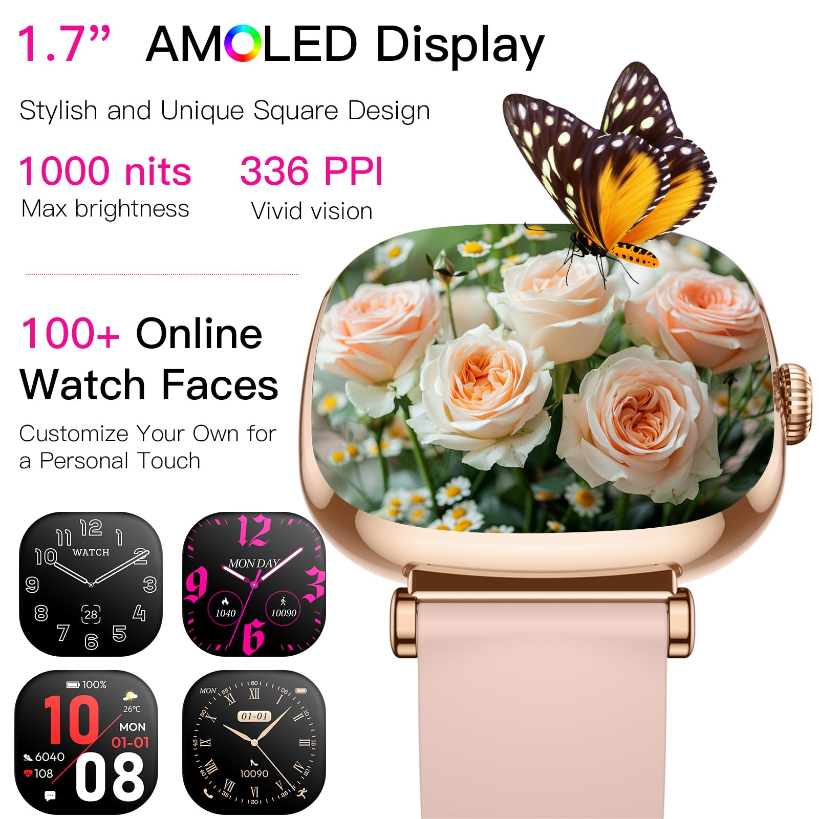 Women's Smart Watch with Call, Small Round 1.7 Inch AMOLED Smartwatch with Menstrual Cycle Monitoring, Heart Rate Monitor, Sleep, Oximeter, 100+ Modes Sports Bracelet Activity (Pink)