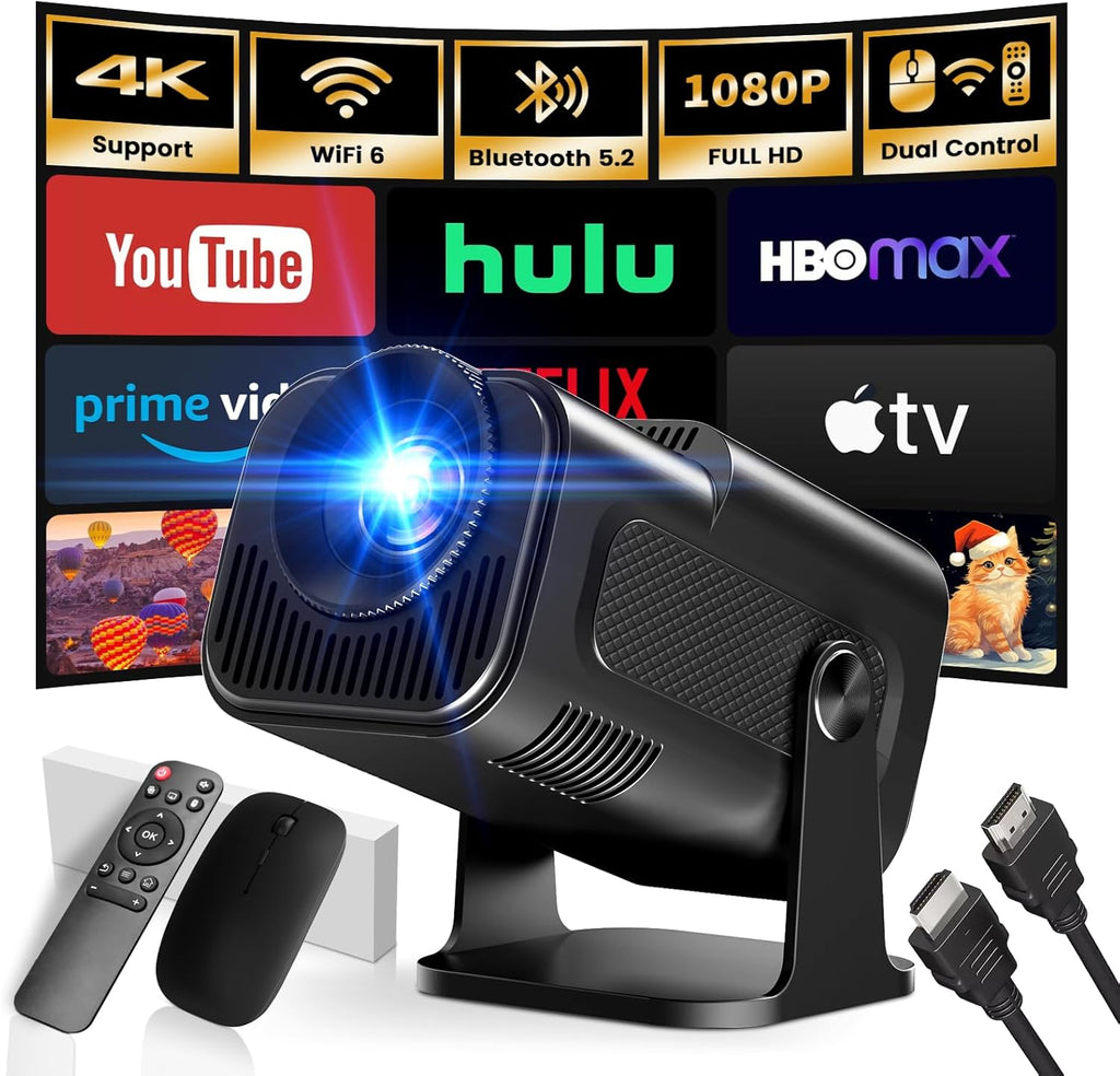 [App integrado] 2025 Upgraded Projetor portátil 1920 x 1080P 4K Supote videoprojetor duplo controlo TV WiFi 6 BT5.2 180° rotação HDMI/TV Stick/USB/PS5/Laptop, com cabo HDMI e rato preto