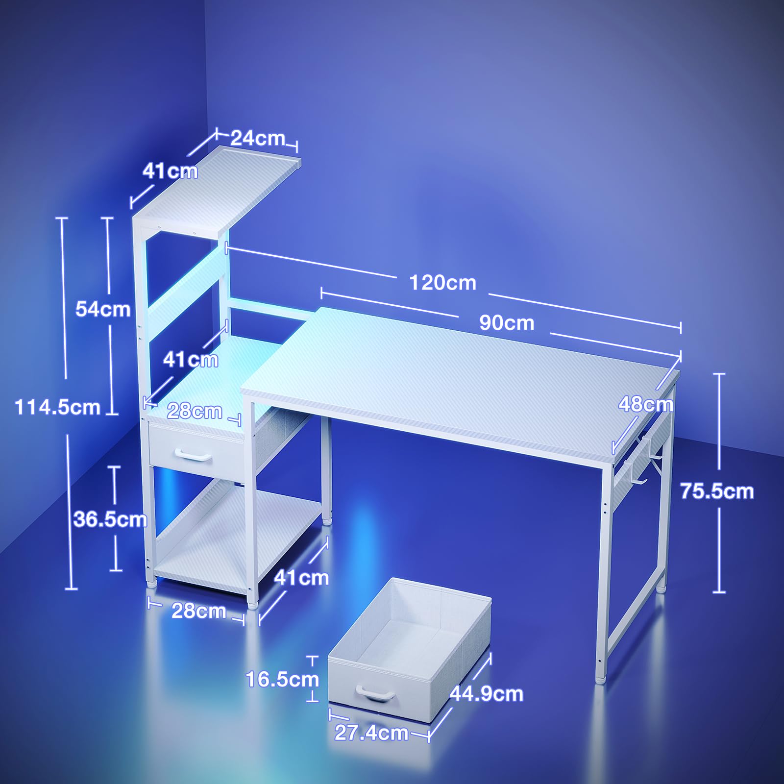 Escritorio para juegos Coleshome con iluminación LED, 120 x 48 cm, cajones y soporte, reversible, con gancho para casco, fibra de carbono negra 