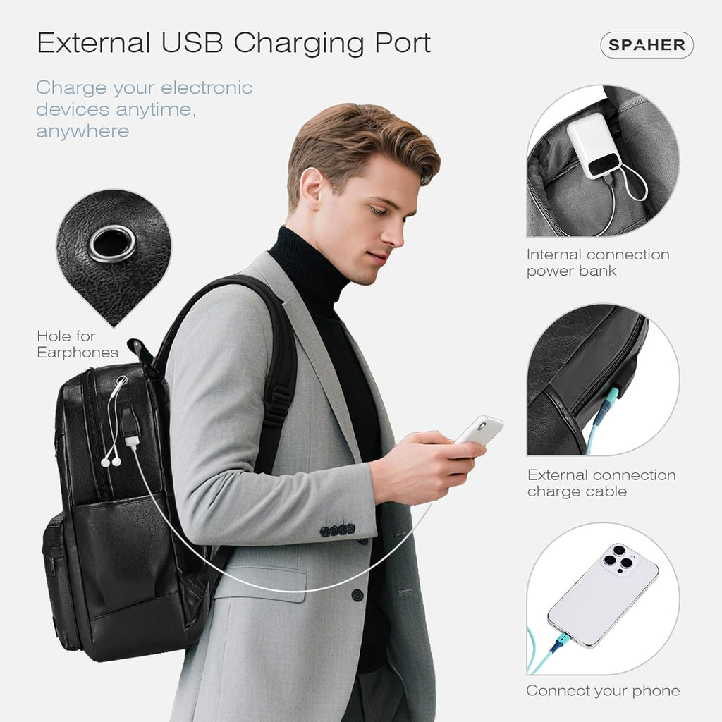 SPAHER Mochila de couro viagem cabine avião 40 x 30 x 20 Wizzair bagagem de mão mochila portátil 15,6 polegadas impermeável com porta de carregamento USB para trabalho escolar homens mulheres 25 L