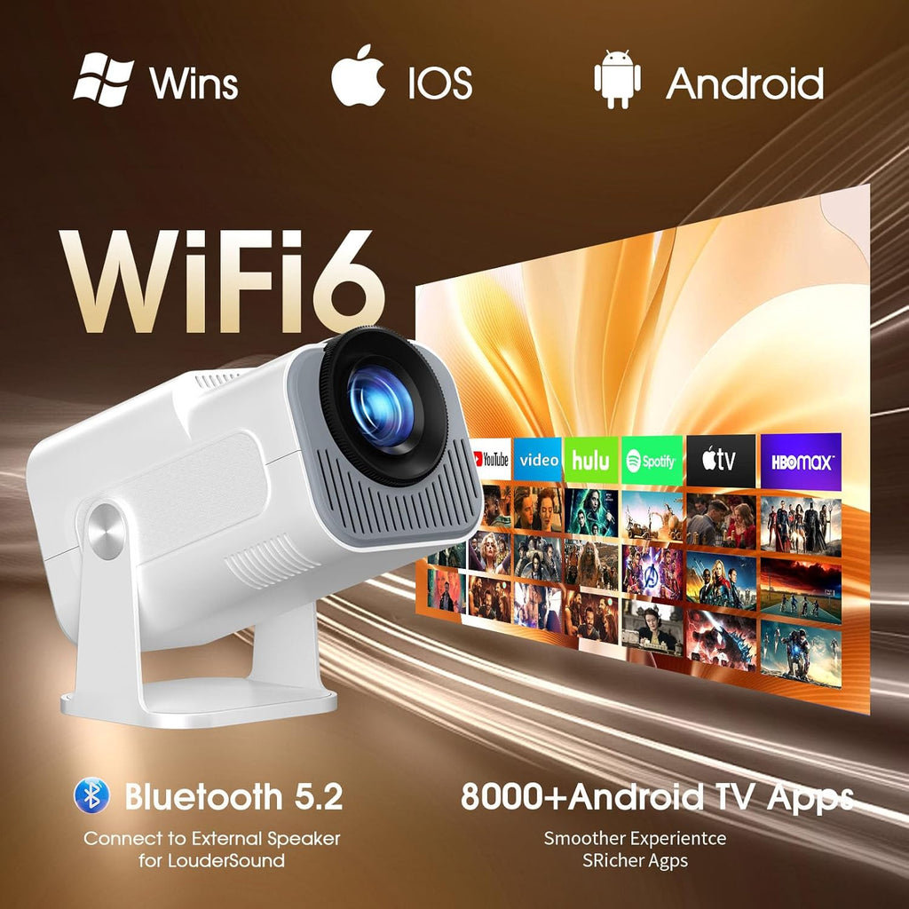 [App integrado] 2025 atualizado projetor portátil 1920 x 1080P 4K supote videoprojetor duplo controlo TV WiFi 6 BT5.2 180° rotação HDMI/TV Stick/USB/PS5/Laptop, com cabo HDMI e rato Black Banco