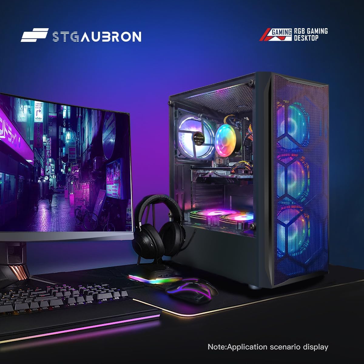 STGAubron Gaming PC Desktop Computer, Intel Core i7 up to 3.9GHz, Radeon RX 580 8G, 16G RAM, 512G SSD, WiFi 6, BT 5.0, RGB Fan x6, Windows 11 Home