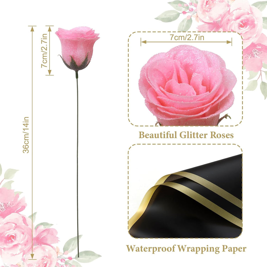 Dremisland Ramo de rosas com purpurinas rosa 26 peças flores artificiais ramo de rosas falsas com haste longa flores falsas para noiva casamento e compromissos casa jardim centros de mesa decoração