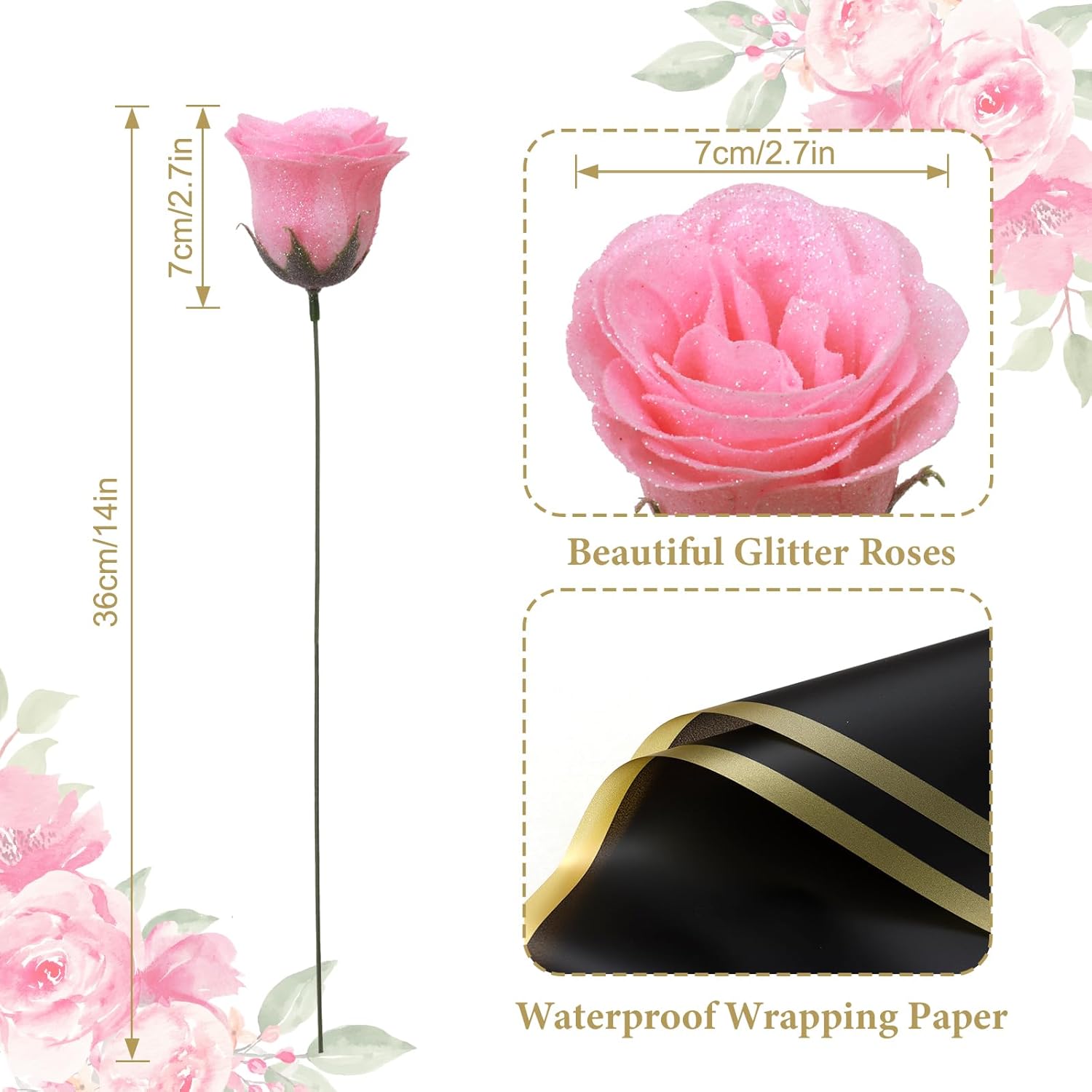 Dremisland Ramo de rosas com purpurinas rosa 26 peças flores artificiais ramo de rosas falsas com haste longa flores falsas para noiva casamento e compromissos casa jardim centros de mesa decoração