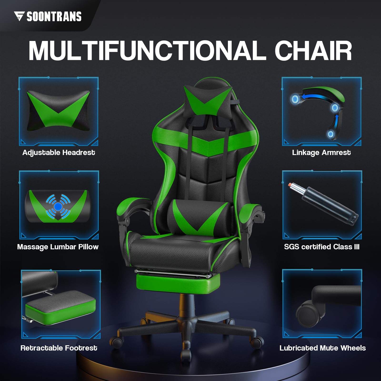 Silla gamer Soontrans con masajeador, reposapiés y reposacabezas, ergonómica, cojín de masaje lumbar, transmisión en vivo de YouTube y PlayStation (azul) 