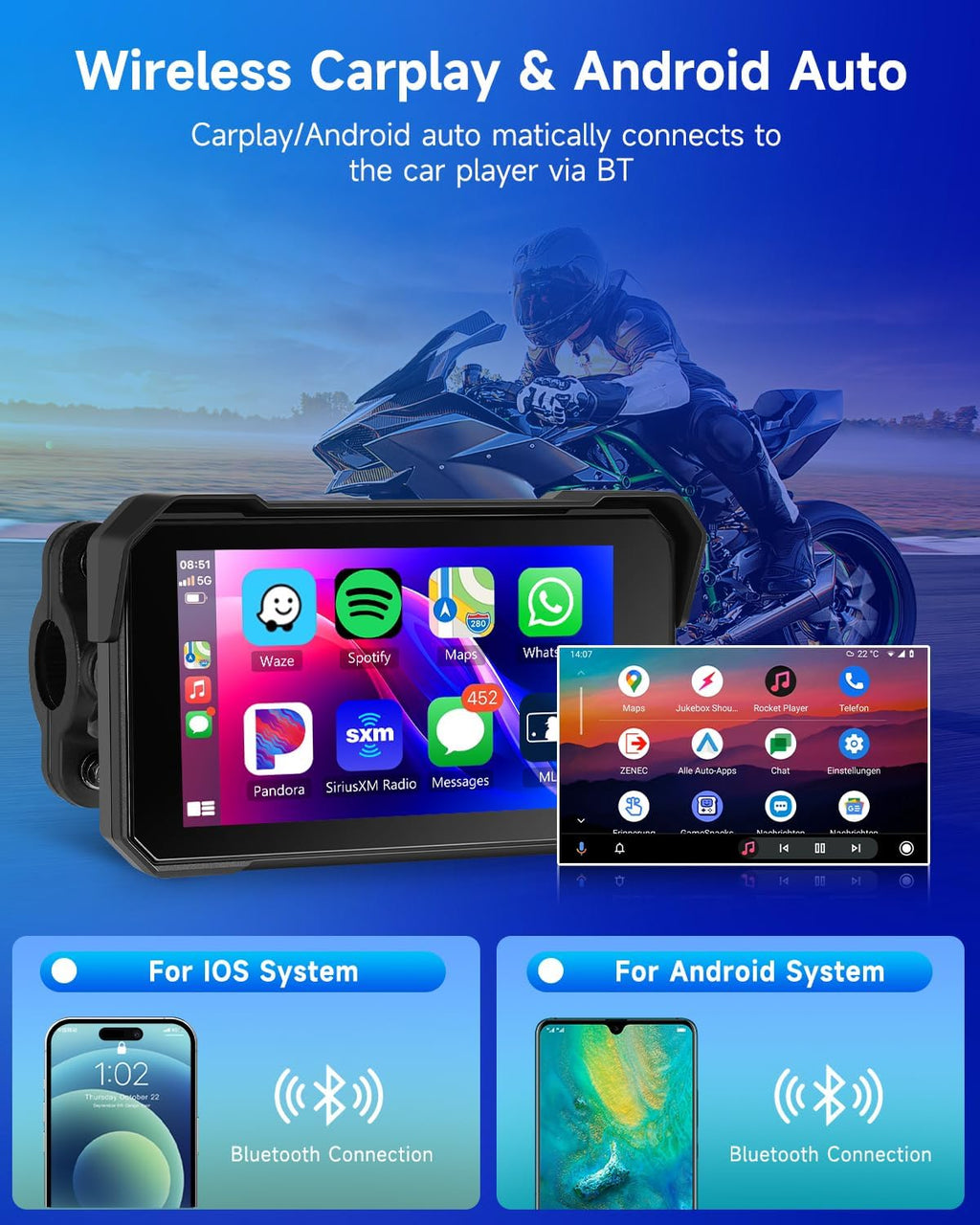 Rimoody Wireless Carplay Motorbike Navi Android Auto, 5 Inch Touch Screen Portable Carplay for Motorcycles, Car Radio for Motorcycles with Bluetooth/Navigation/IP68 Waterproof 