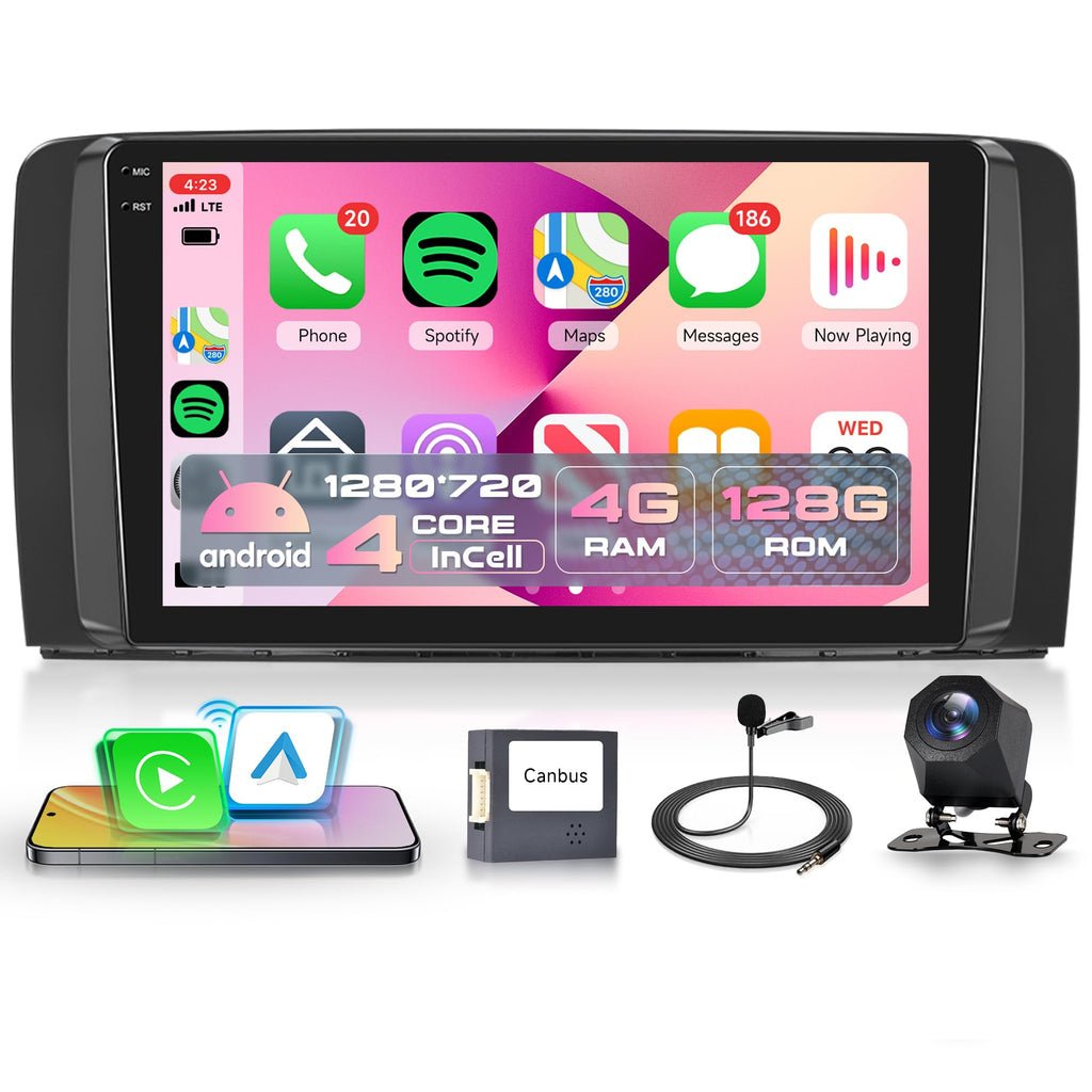 2G+64G Wireless Carplay Android Car Radio for Mercedes Benz R Class W251 R280 R300 R320 R350 R63 2005-2017 9 Inch Radio with Android Auto Navi GPS WiFi Bluetooth FM/RDS/SWC Rear Camera