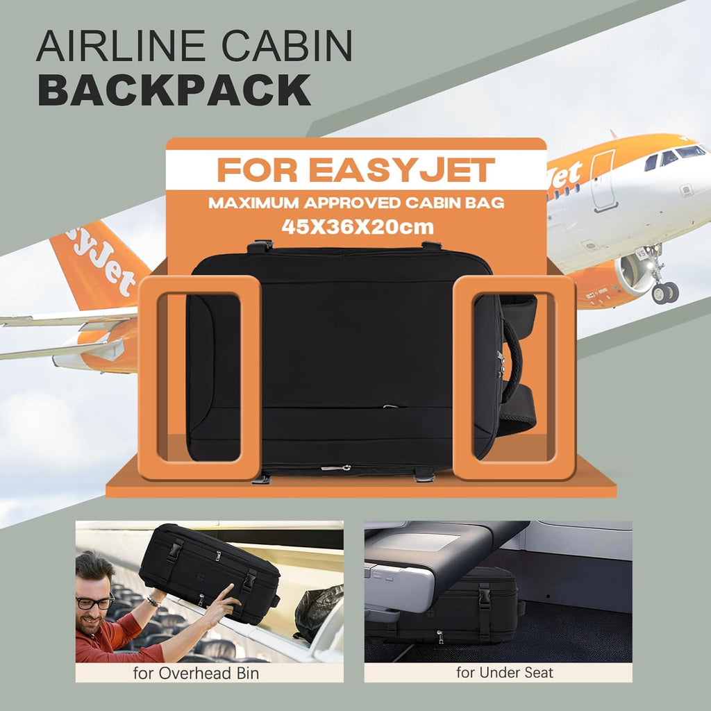 Mochila Viaje Cabina Avion 45x36x20, Mochila de Viaje para Easyjet con 3 Organizadores Equipaje de Mano con Bolsillo Antirrobo
