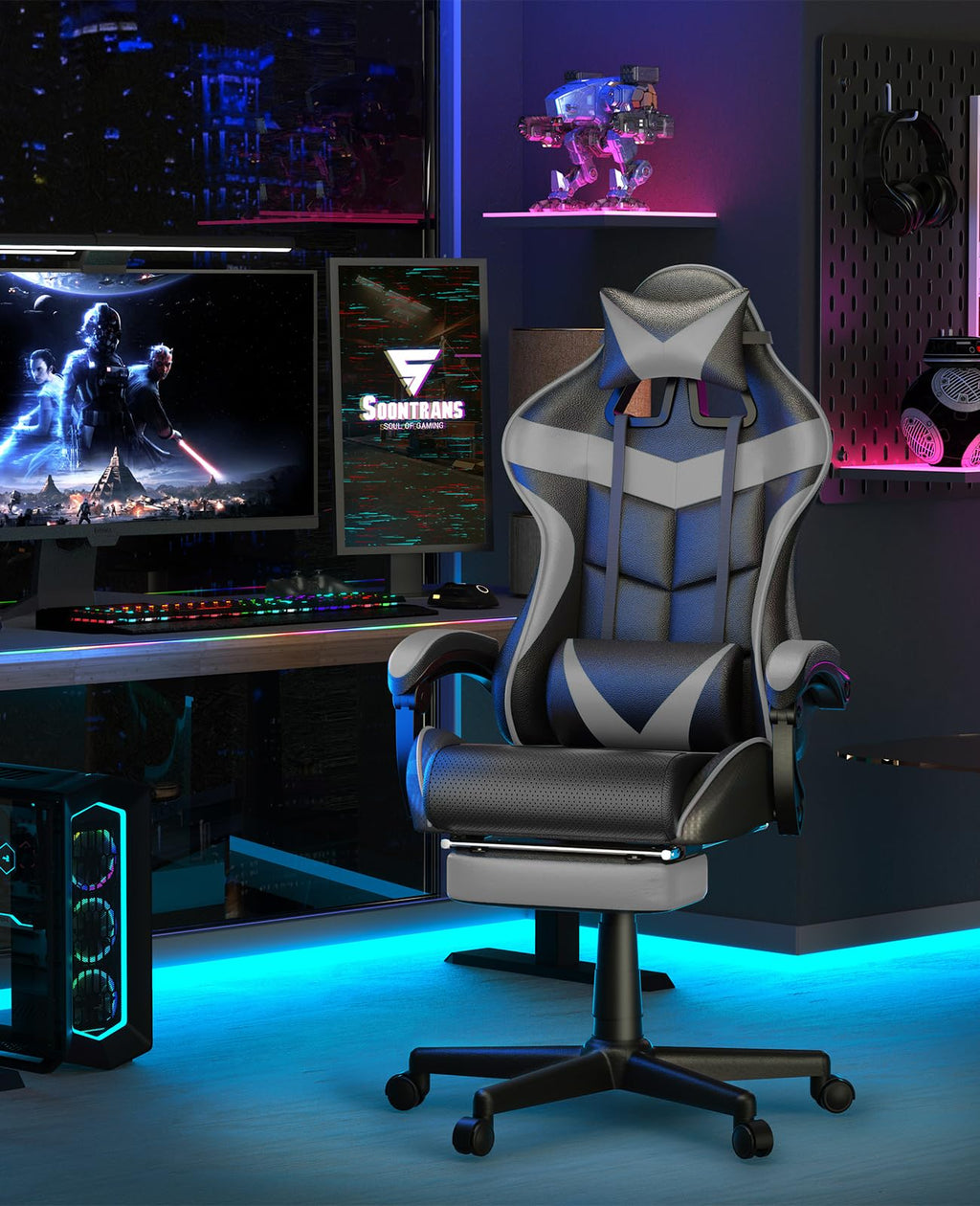 Silla gamer Soontrans con masajeador, reposapiés y reposacabezas, ergonómica, cojín de masaje lumbar, transmisión en vivo de YouTube y PlayStation (azul) 