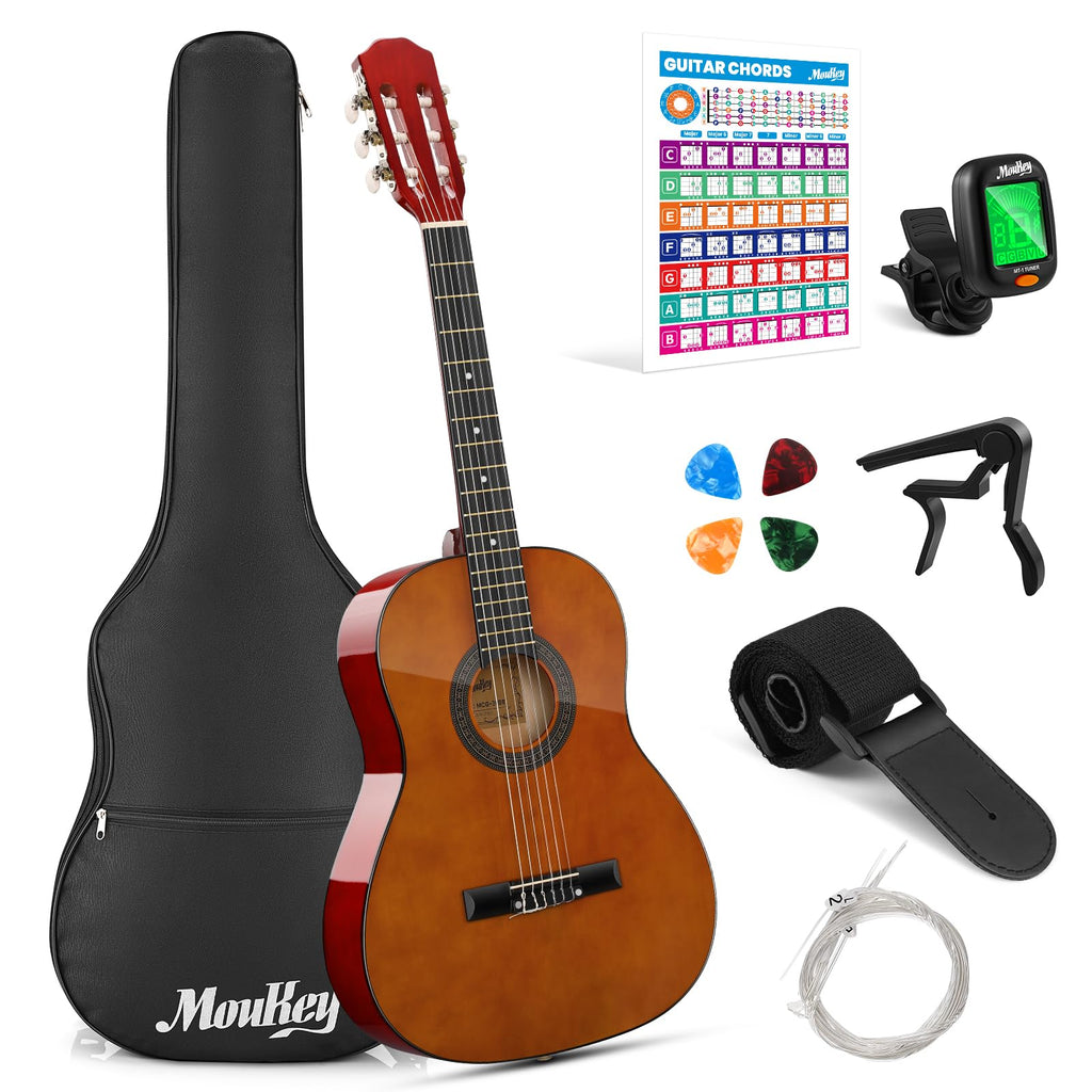 Moukey Acoustic Guitar Full Size Kits for Beginners Adults 4/4 de 41" Guitar Bundles com Chord Poster, Gig Bag, Tuner, Steel Strings, Strap, natural
