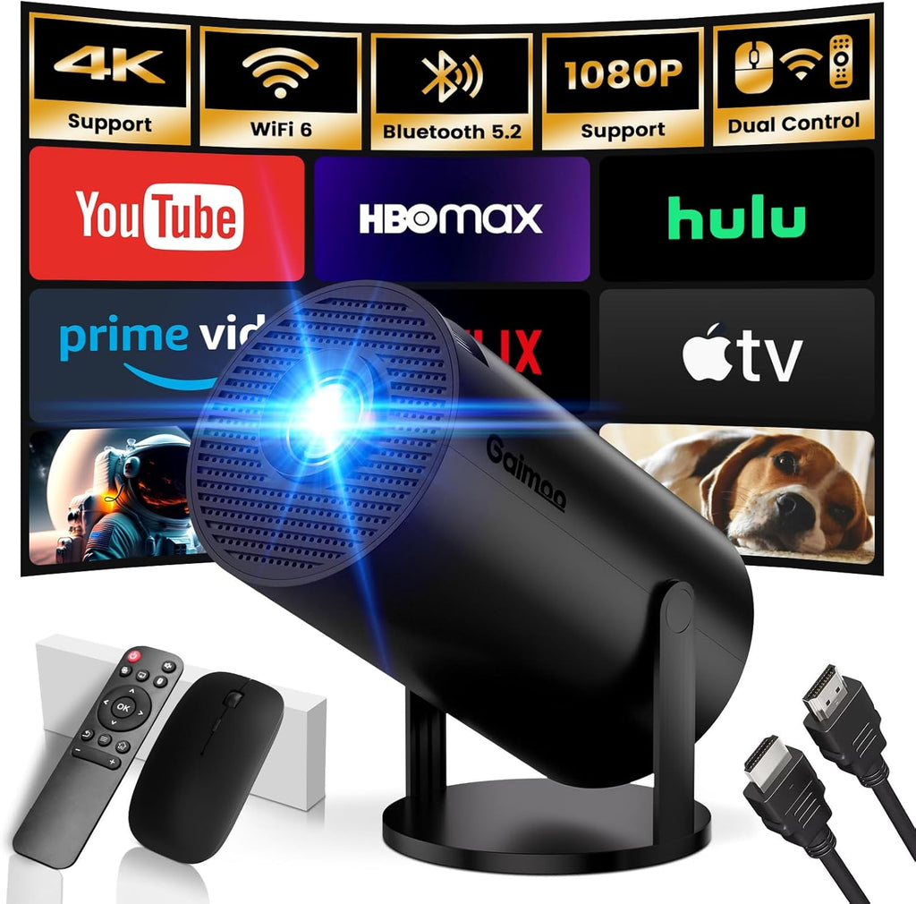 [2025 Modelo & App integrada] Proyector Portátil Soporte 4K 1080P Mini Proyector Dual Control con Ratón Android TV WiFi 6 BT5.2 180° Rotation Compatible con HDMI/TV Stick/USB/Laptop, Negro