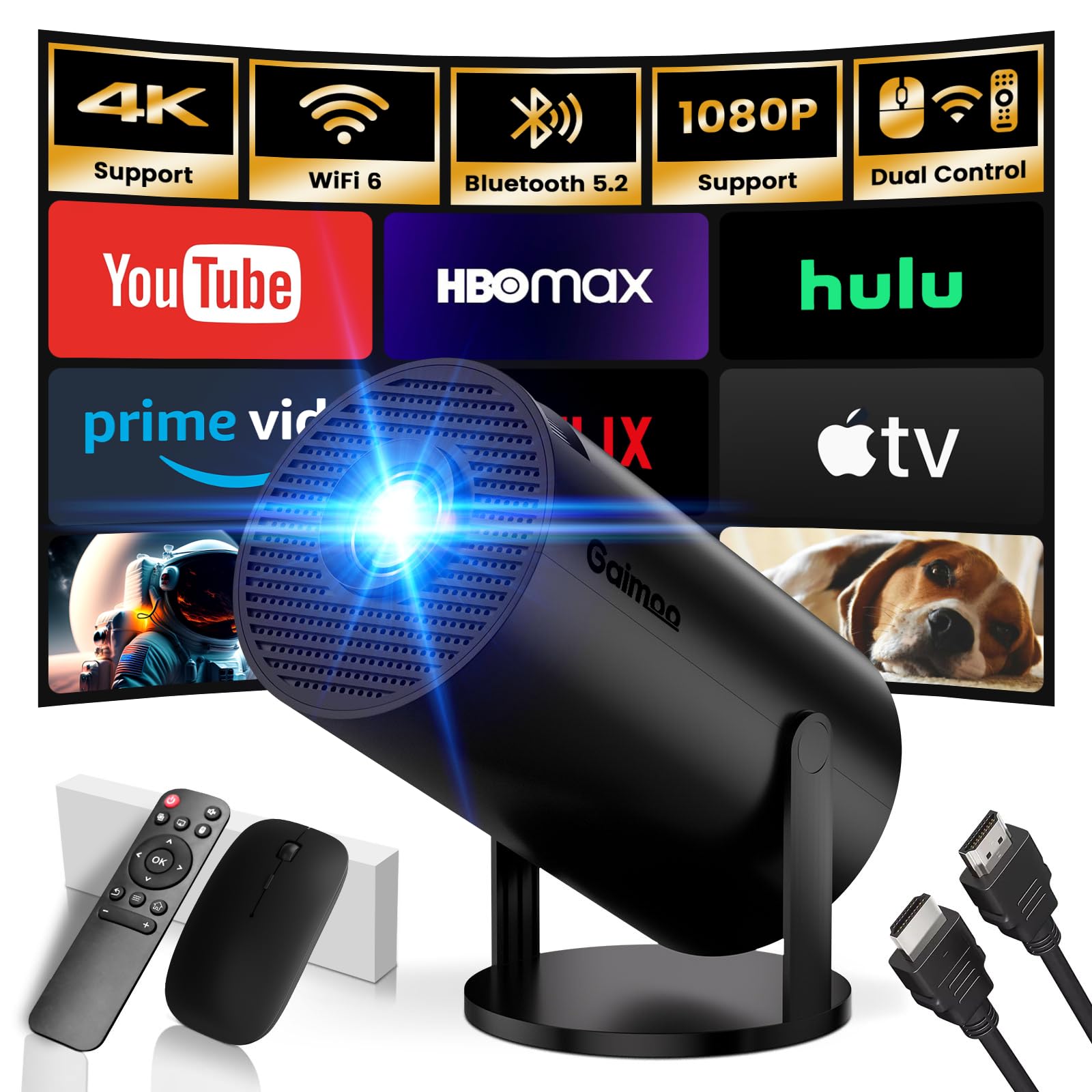 [2025 Modelo e App integrada] Projetor portátil suporte 4K 1080P mini projetor de controlo duplo com rato Android TV WiFi 6 BT5.2 180° rotação HDMI/TV Stick/USB/Laptop, com cabo HDMI e rato, branco