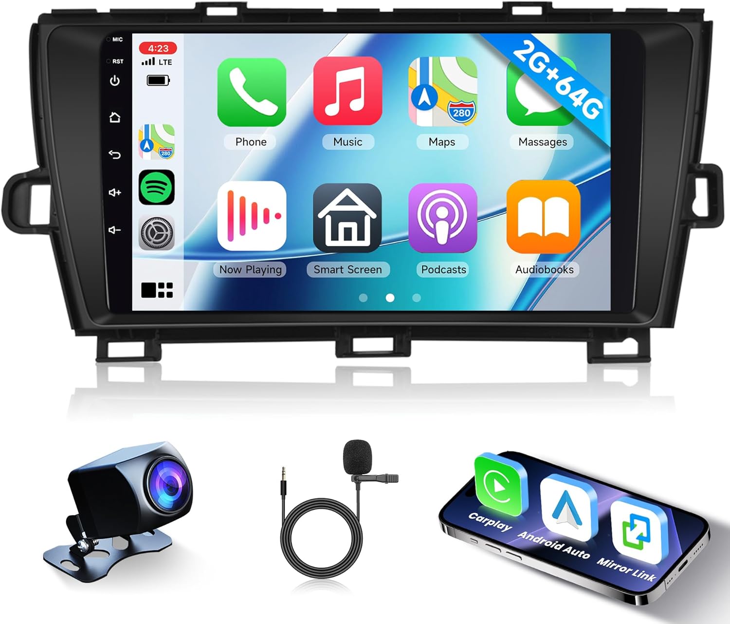 2G+64G Wireless Carplay Android Car Radio for Toyota Prius 3 XW30 2009-2015 9 Inch Car Radio 2 DIN with Android Auto GPS Navi WiFi Mirror Link Bluetooth FM/RDS EQ/USB/SWC Rear Camera