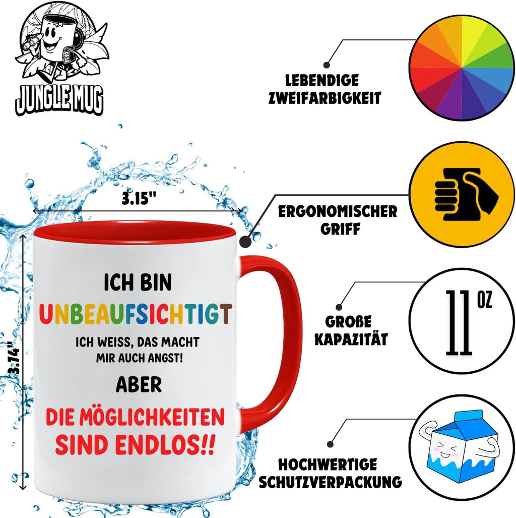 Jungle Mug Caneca de presente para colegas | Caneca com texto em alemão Unbeaufsichtigt Spruch Lustig | Geschenk Abschied Kollelegin Büro | Funny Tasse Arbeit Frauen Männer