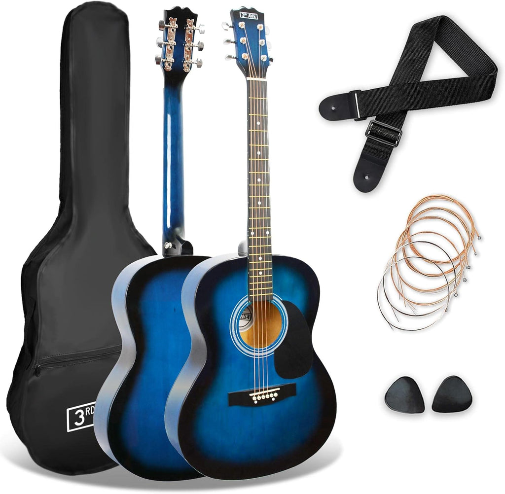 3rd Avenue Pack de guitarra acústica de tamaño estándar 4/4 con cuerdas de acero para principiantes de 3rd Avenue, funda de transporte, púas y cuerdas de repuesto, Azul