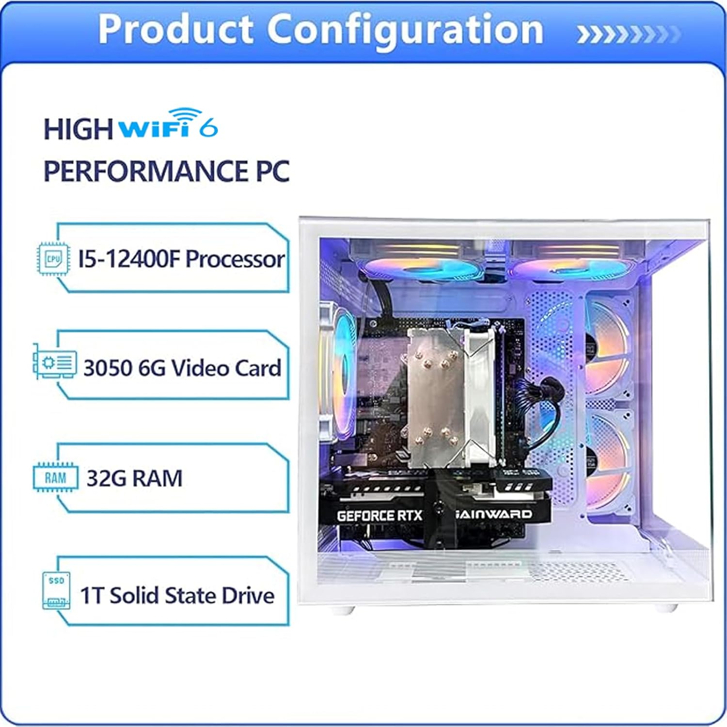Desktop Computers,32G RAM,1TB NVMe SSD,Core i5-12400F,RTX 3050 6G,Prebuilt Gaming PC,Tower Computer Gamer,Work,VR,4K,Home and Business WiFi 6 White