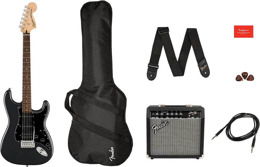 Squier by Fender Pack Affinity HSS, Charcoal Frost Metallic, con amplificador, pack de guitarra eléctrica, Incluye cursos virtuales gratuitos en Fender Play
