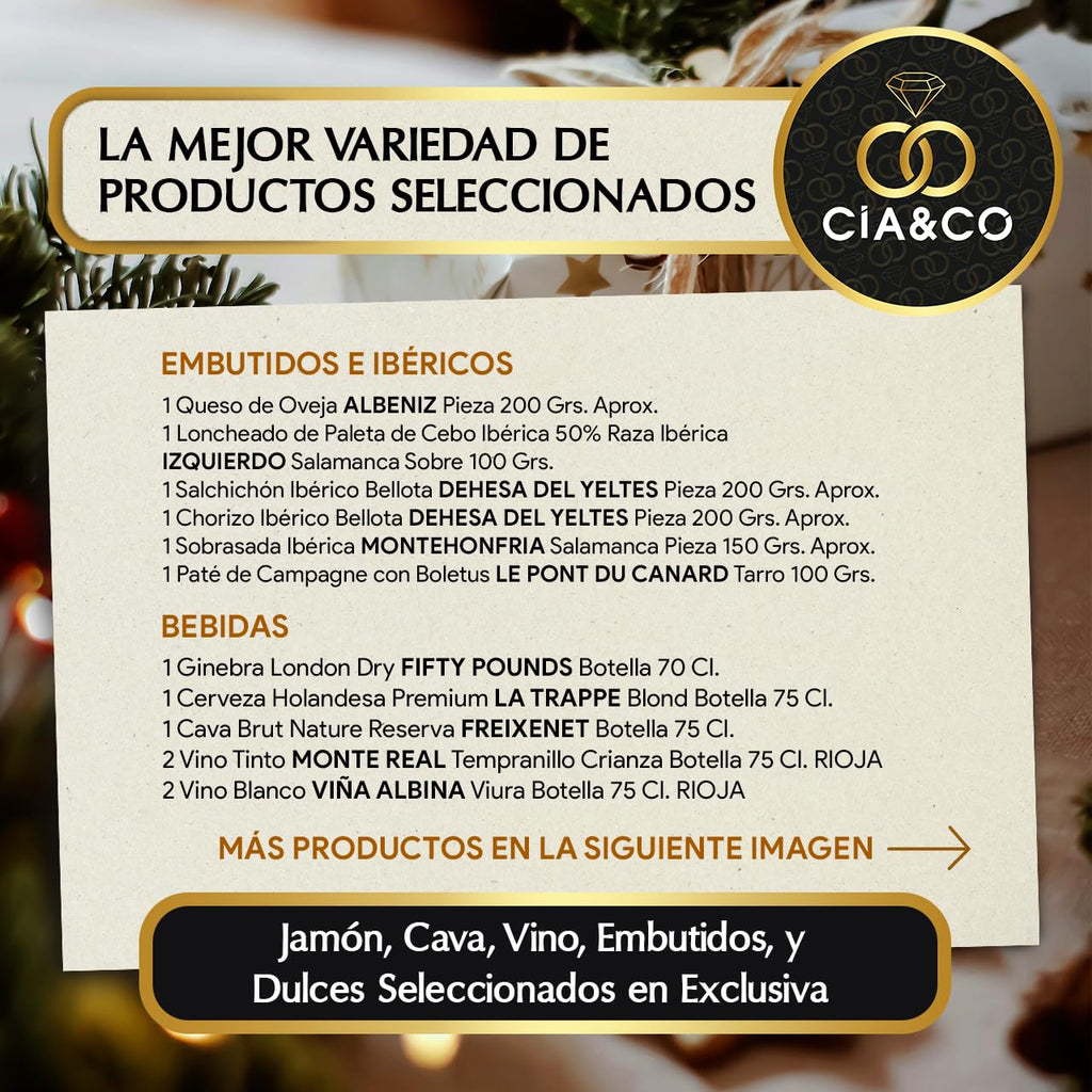 Christmas Basket with Gourmet Ham 2025 (Lot 217) · With Red and White Wine Rioja, Cava, Gin, Beer, Sweets and Iberian · Includes Customizable Card · Ideal Corporate or Family Gift