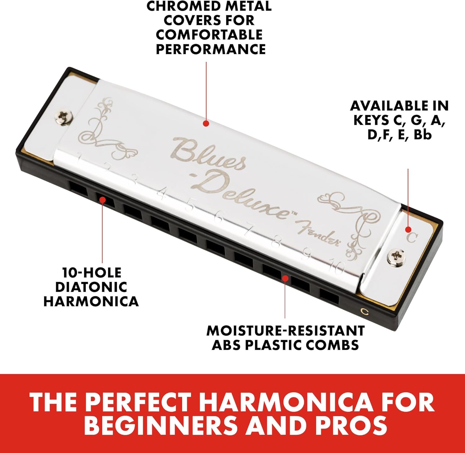 Fender Blues Deluxe Armónica, Clave de G, 10 Orificios, Cromada en Níquel, Incluye Estuche