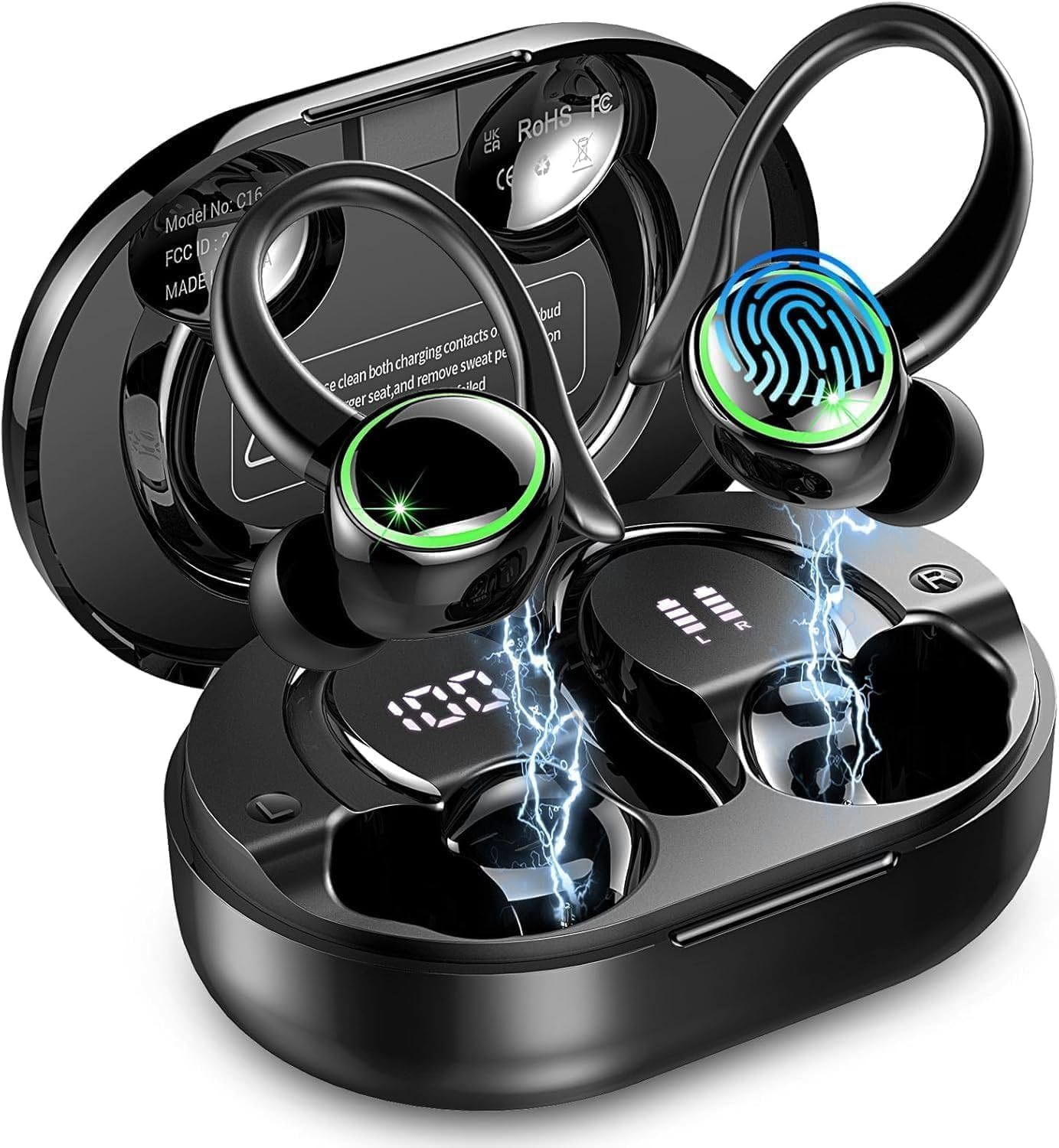 Bluetooth Headphones, Mpermeable Wireless Noise Cancelling Headphones ENC and 4 HD Mics, Sports Bluetooth Headphones with HiFi Stereo, Wireless Earbuds with Display